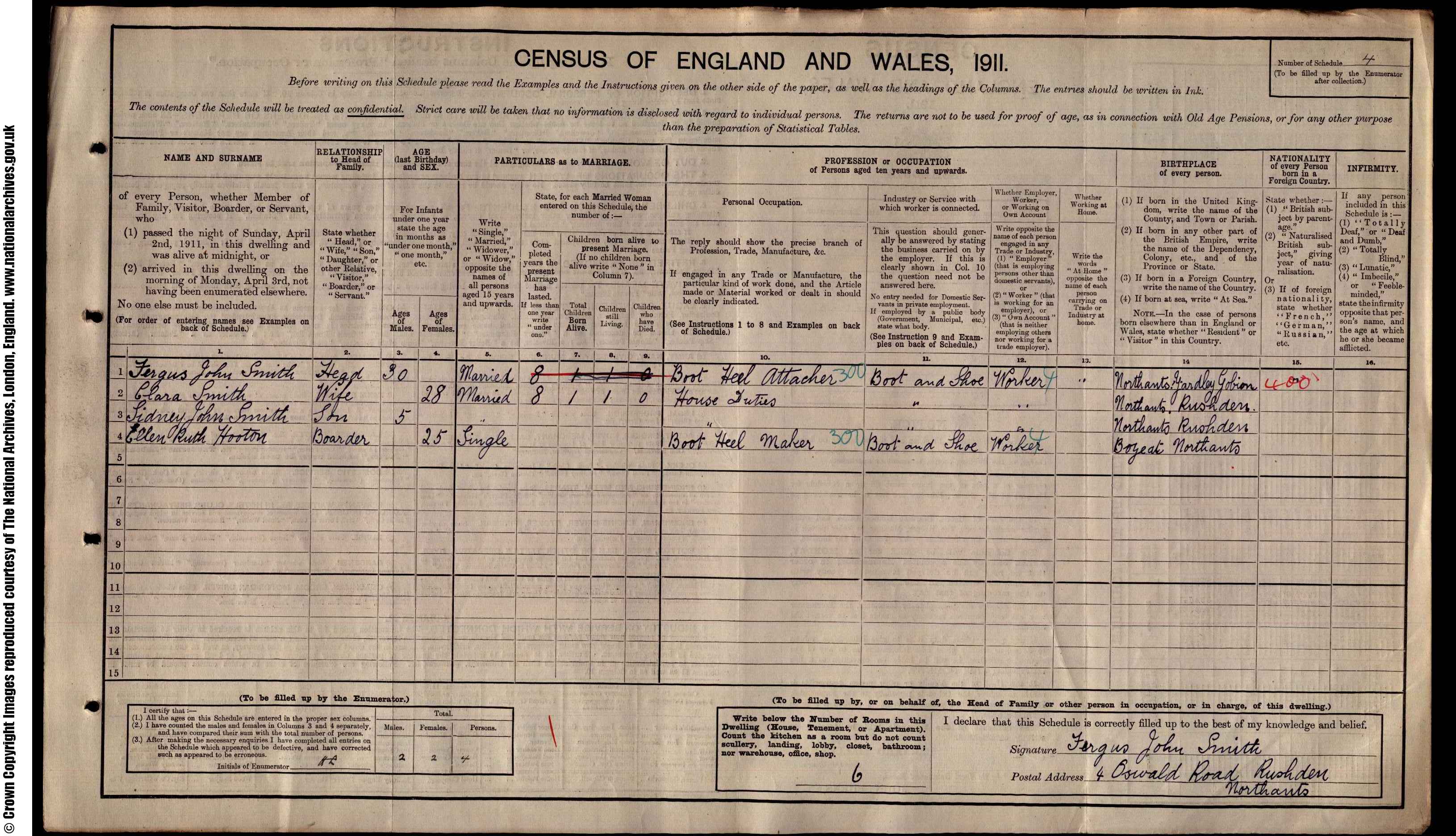 1911: 4  Oswald Road, Rushden, Northamptonshire