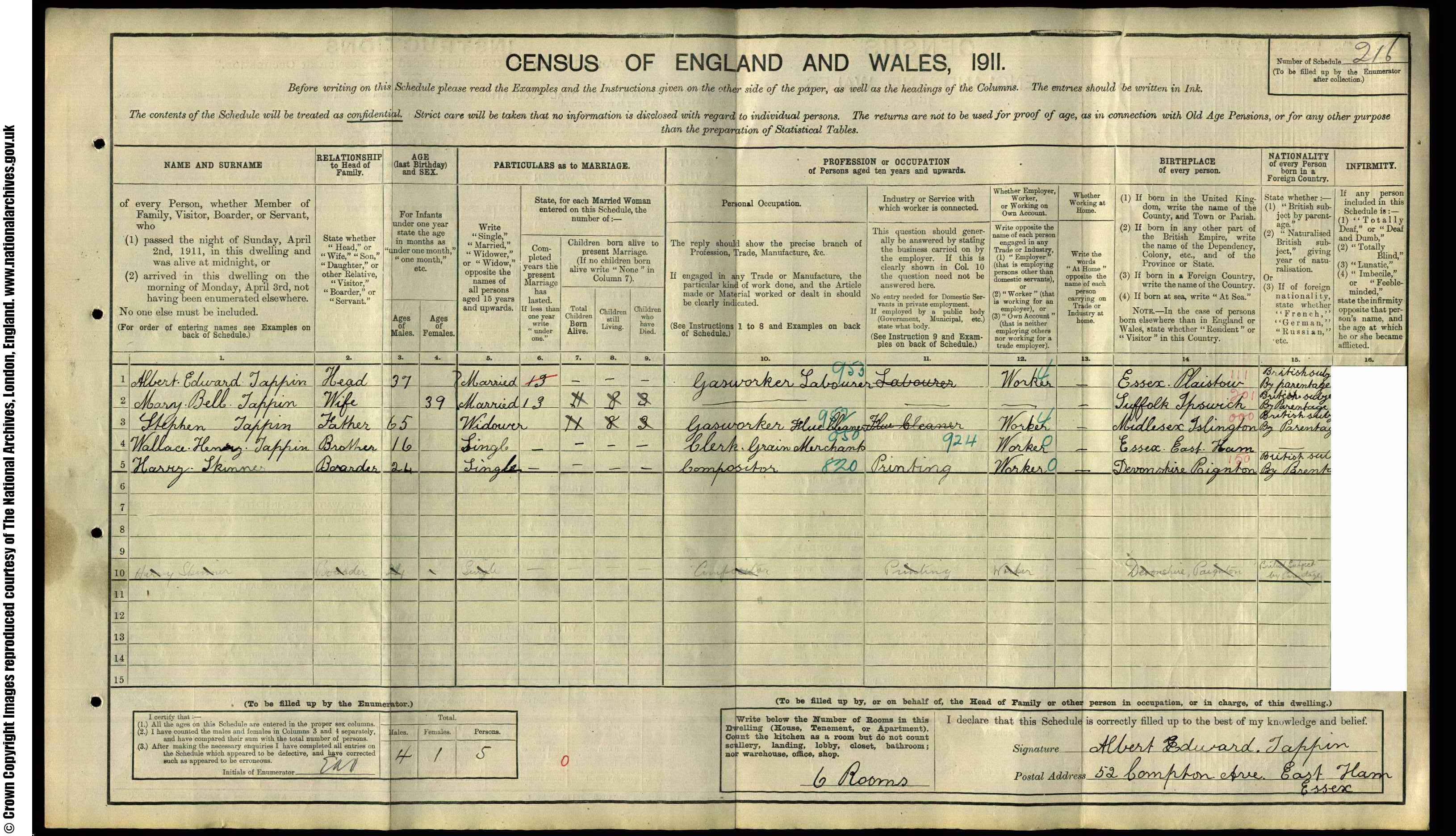 1911: 52  Compton Avenue East Ham, Essex