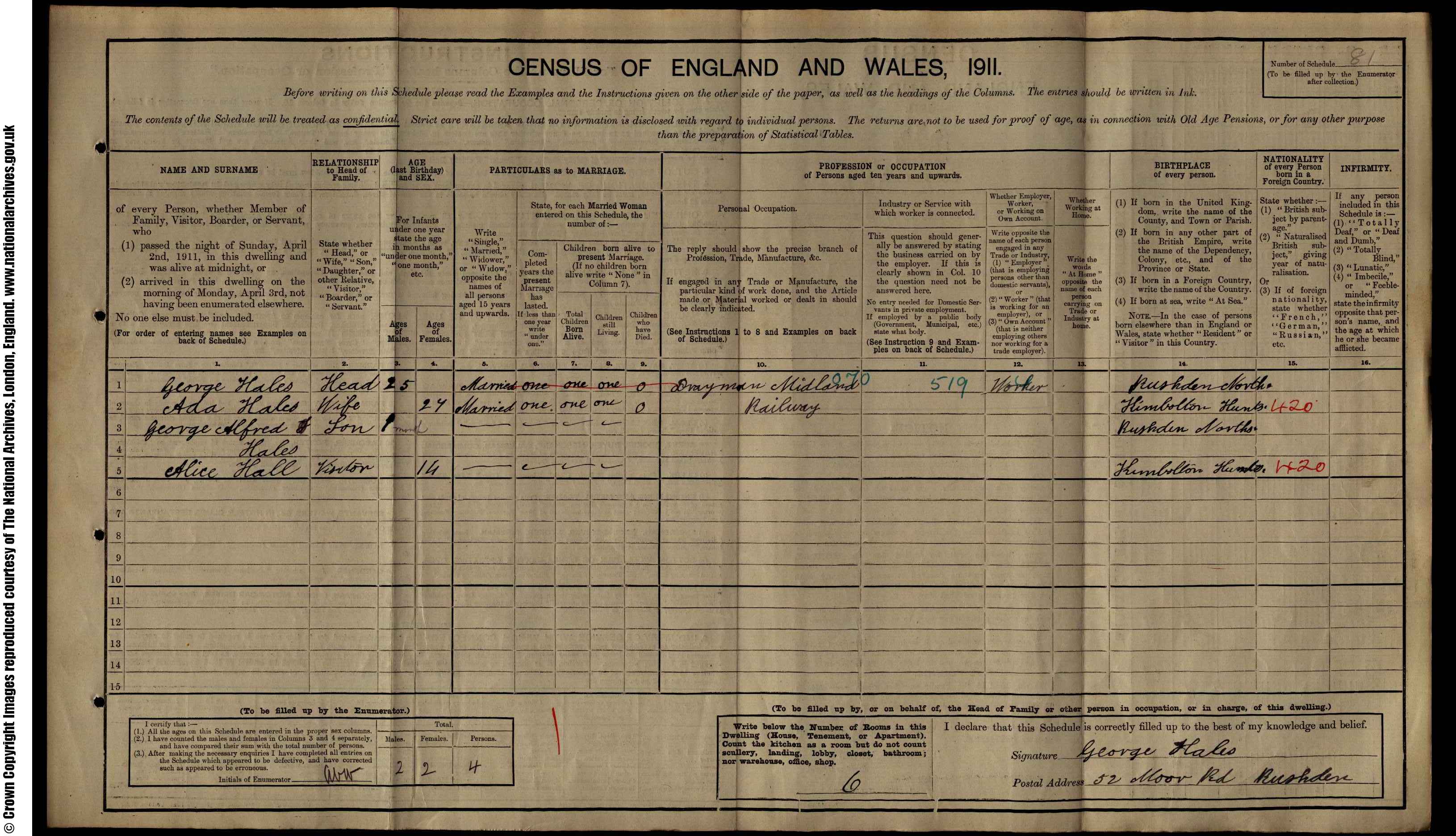 1911: 52  Moor Road Rushden, Northamptonshire