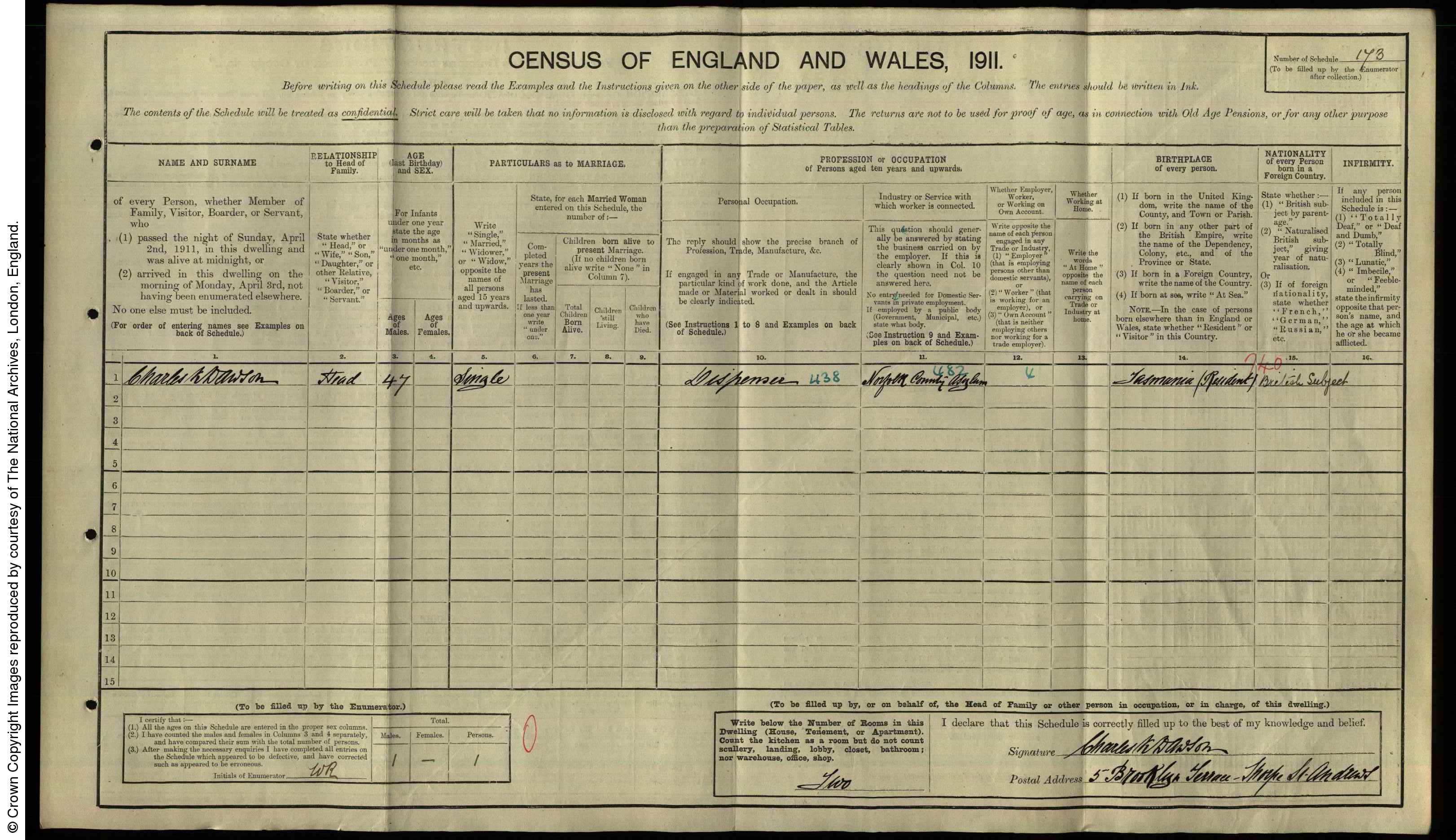 1911: 5 Brooklyn Terrace, Thorpe St Andrew Norwich, Norfolk