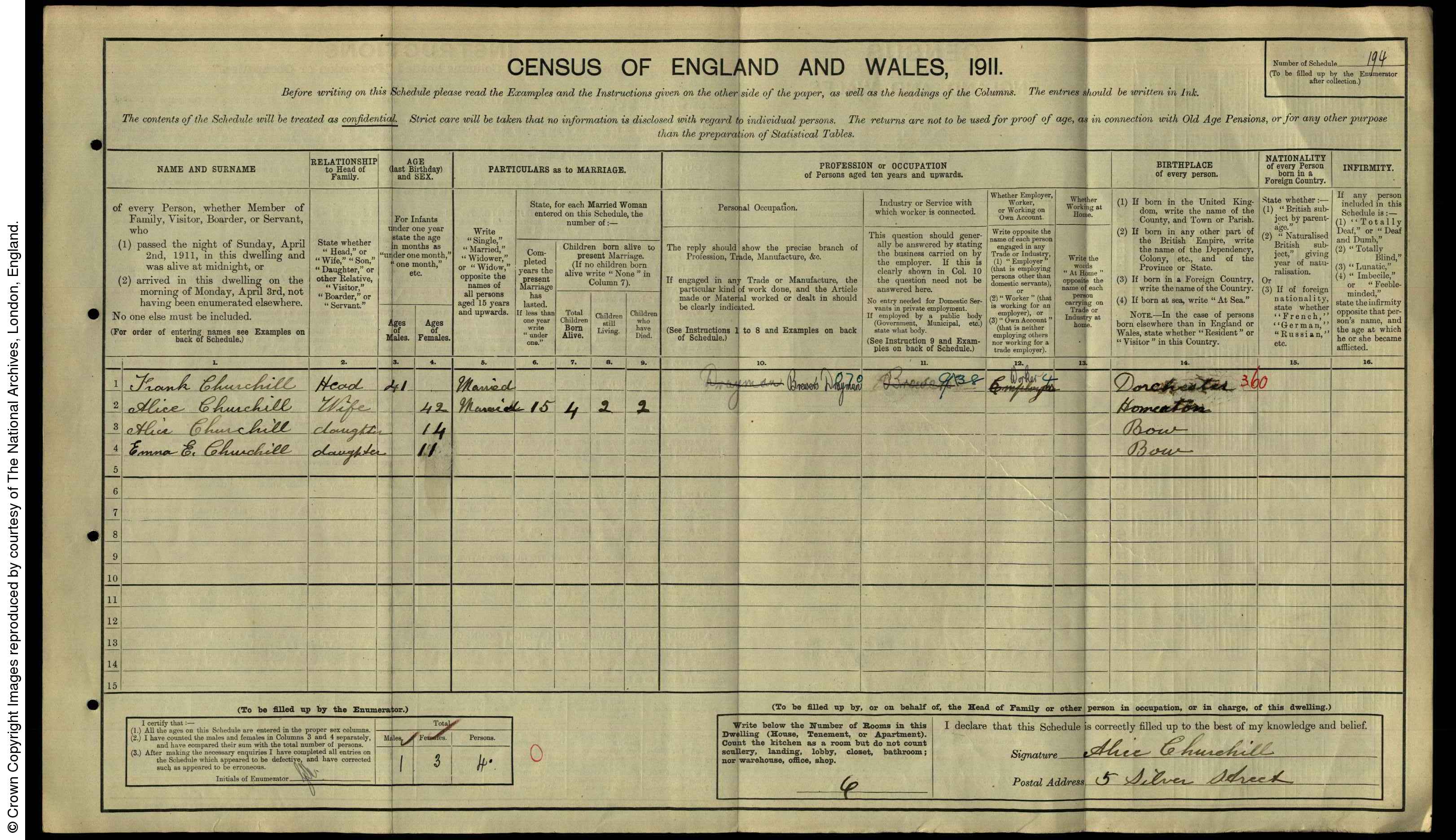 1911: 5 Silver St, Limehouse, Middlesex