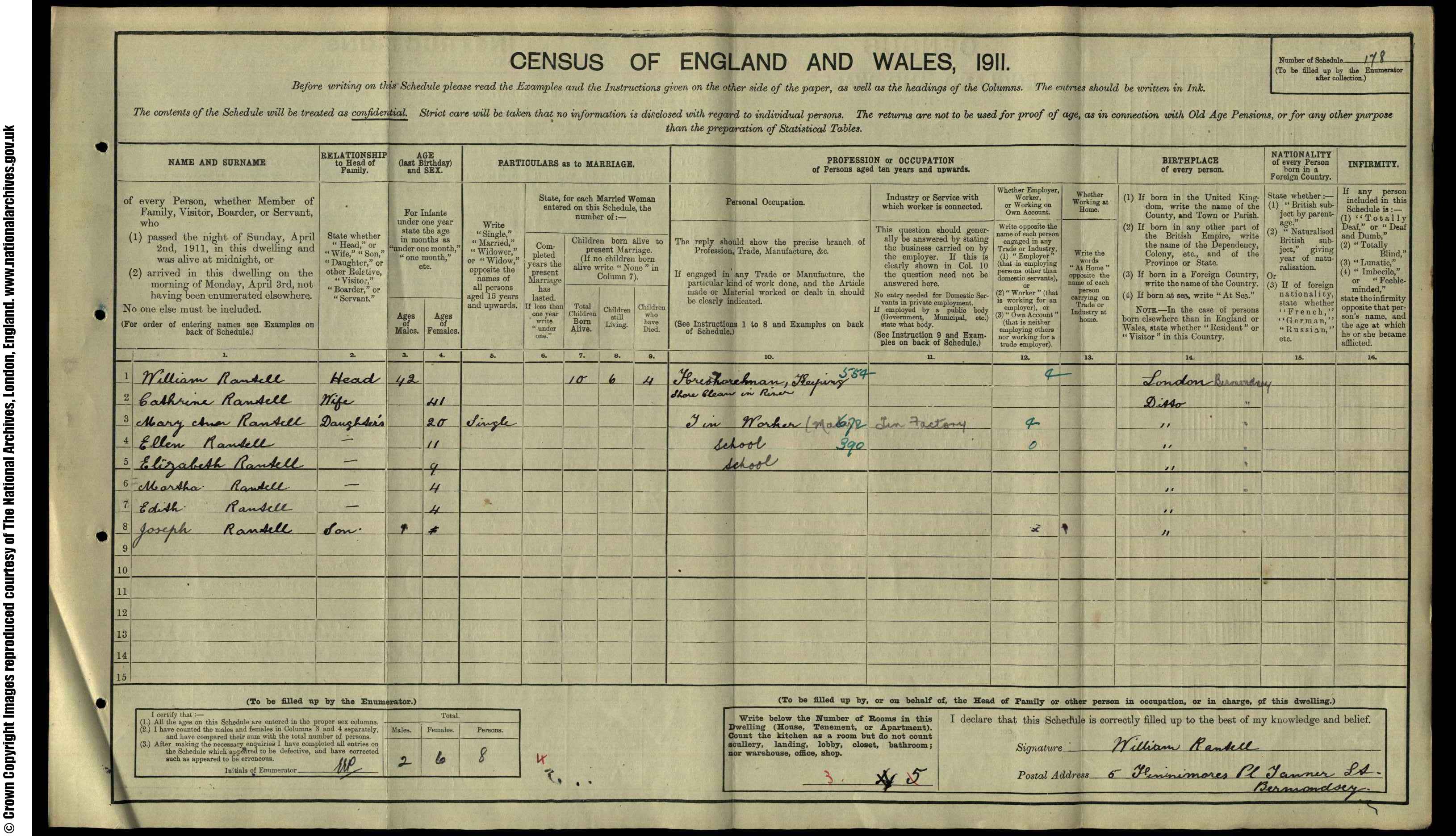 1911: 5  Finnimore Place, Horsleydown, S E, London