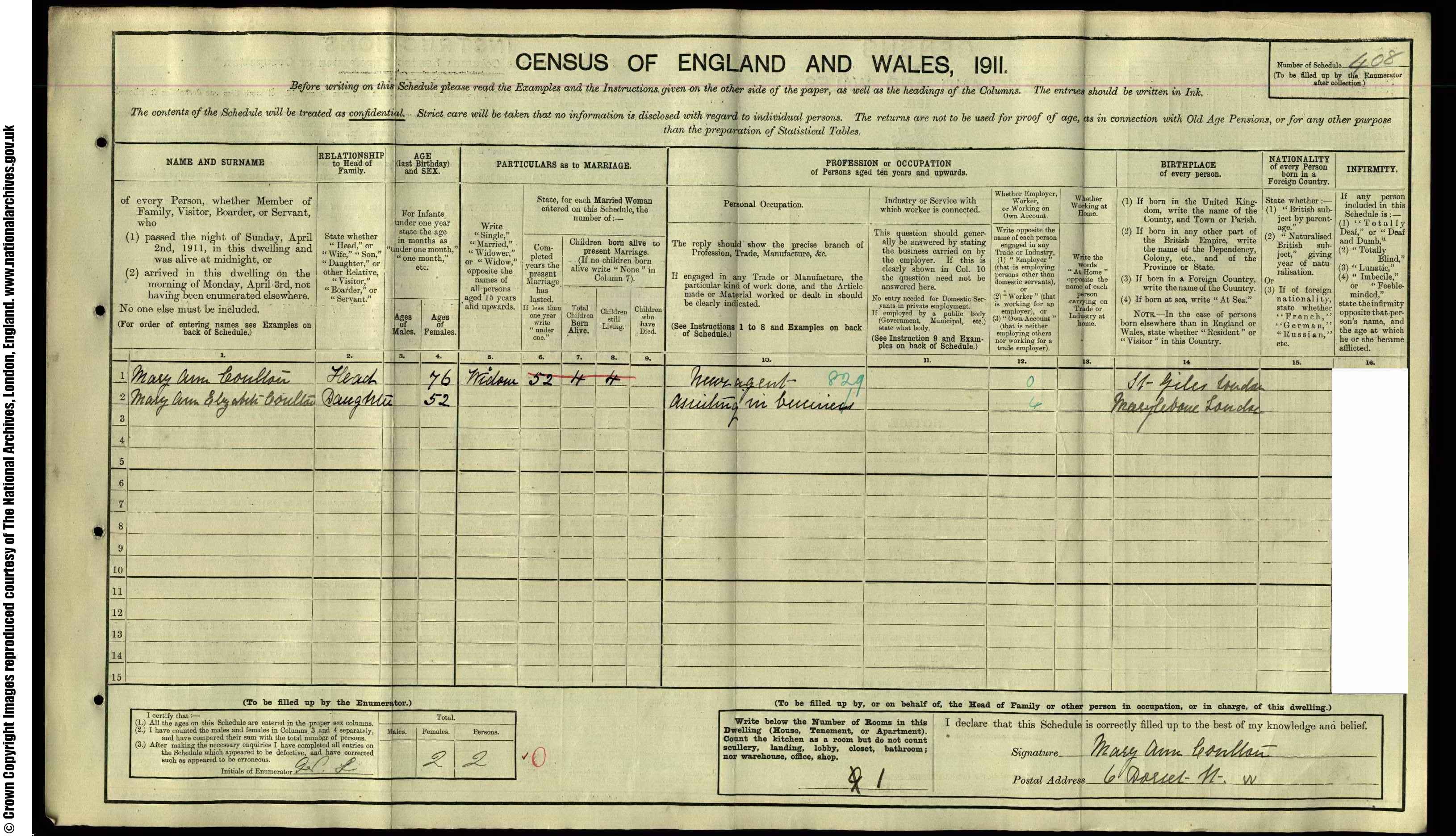 1911: 6  Dorset ST, London