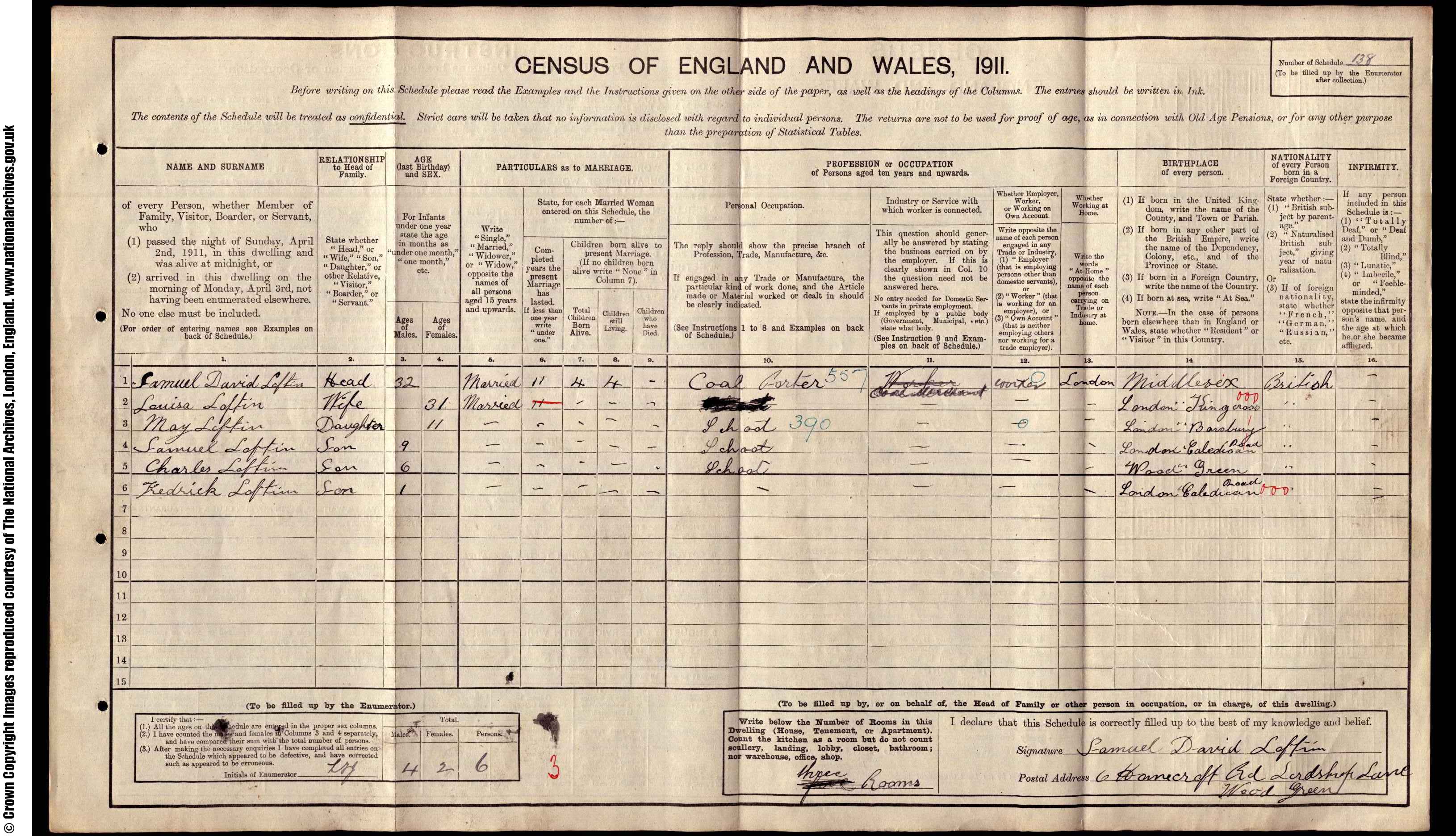 1911: 6  Homecroft Road, Wood Green N, Middlesex