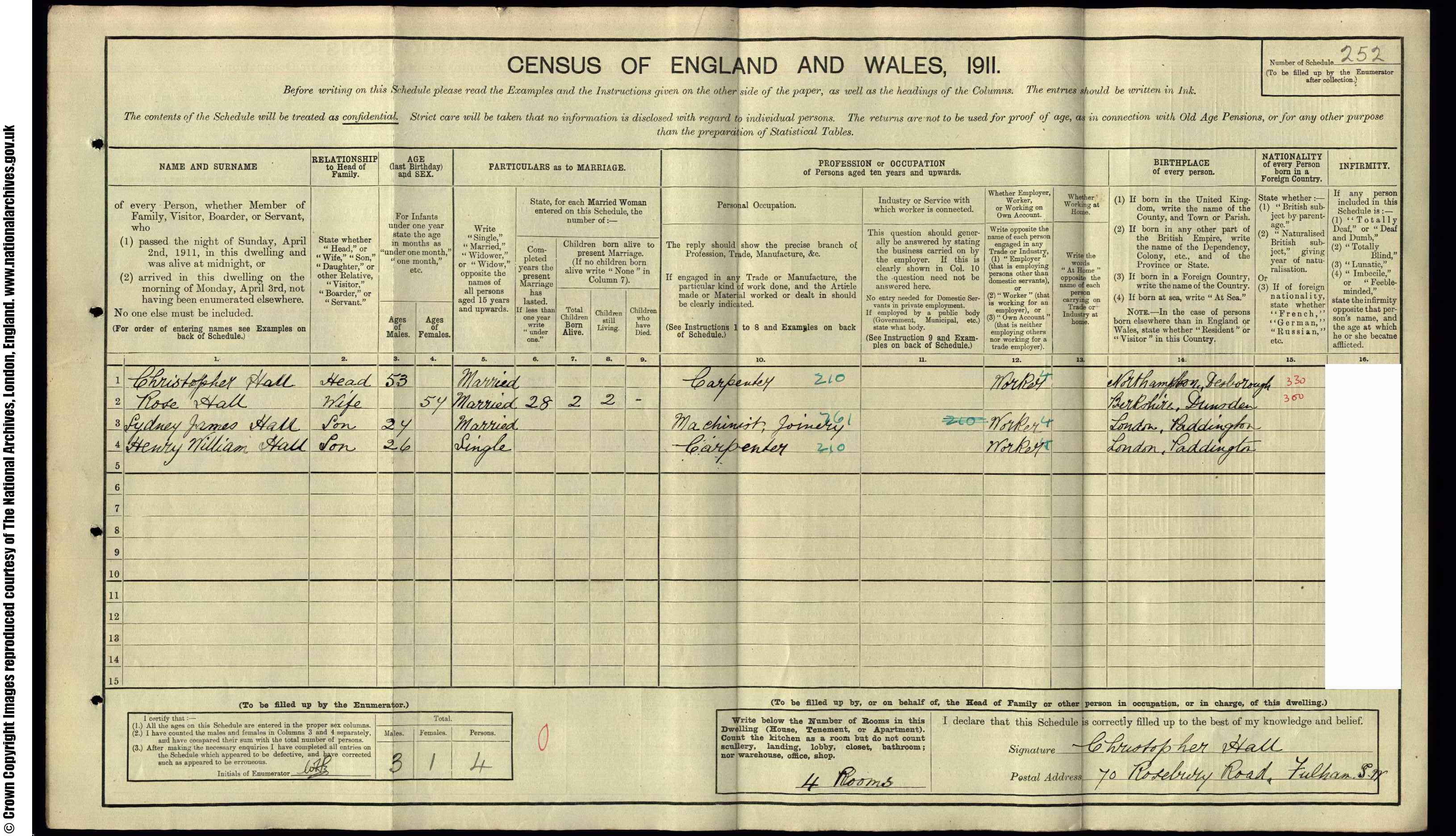 1911: 70  Rosebury Road Fulham SW, London