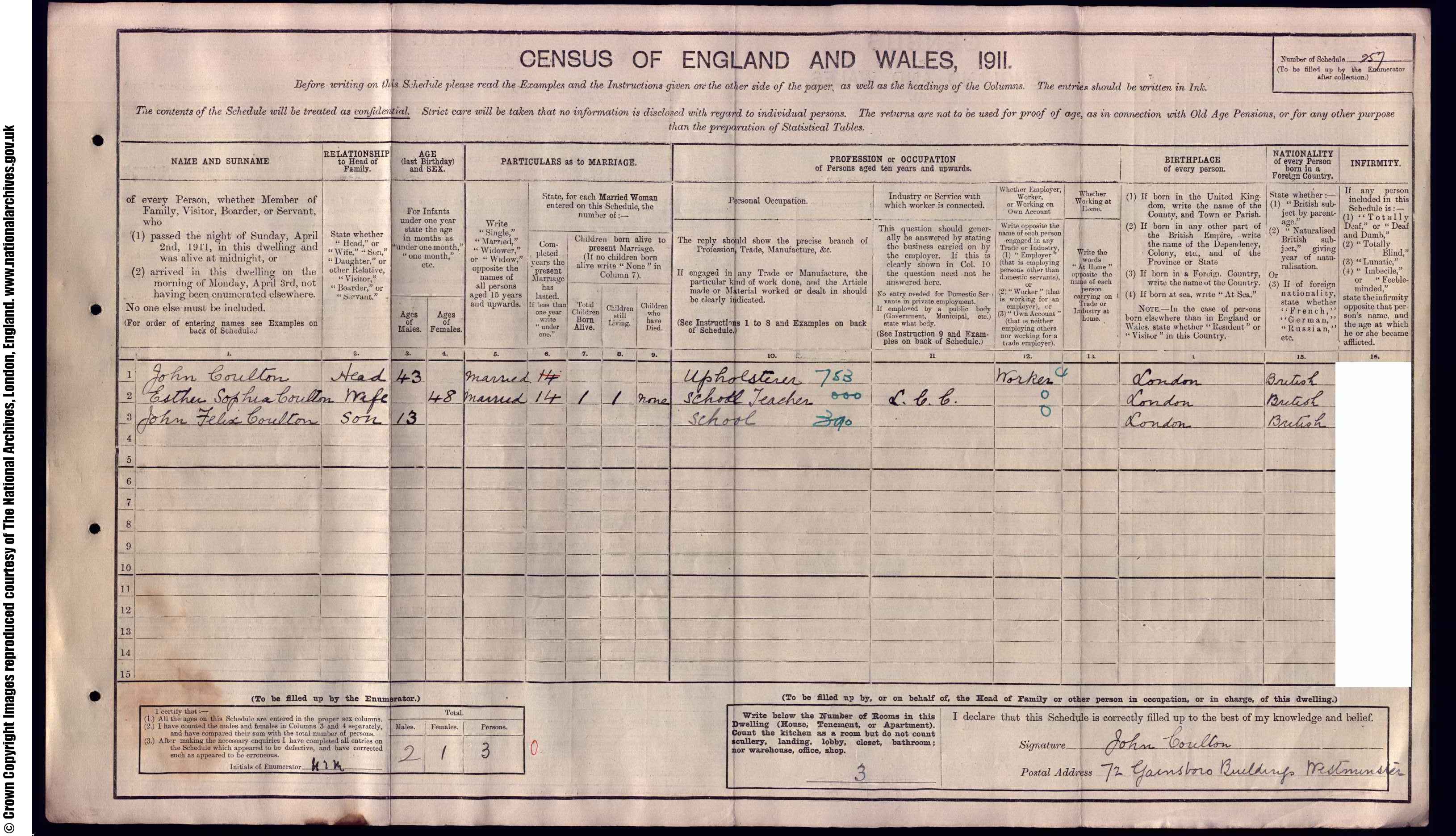 1911: 72  Gainsborough Buildings, Millbank Estate, Westminster S W, London