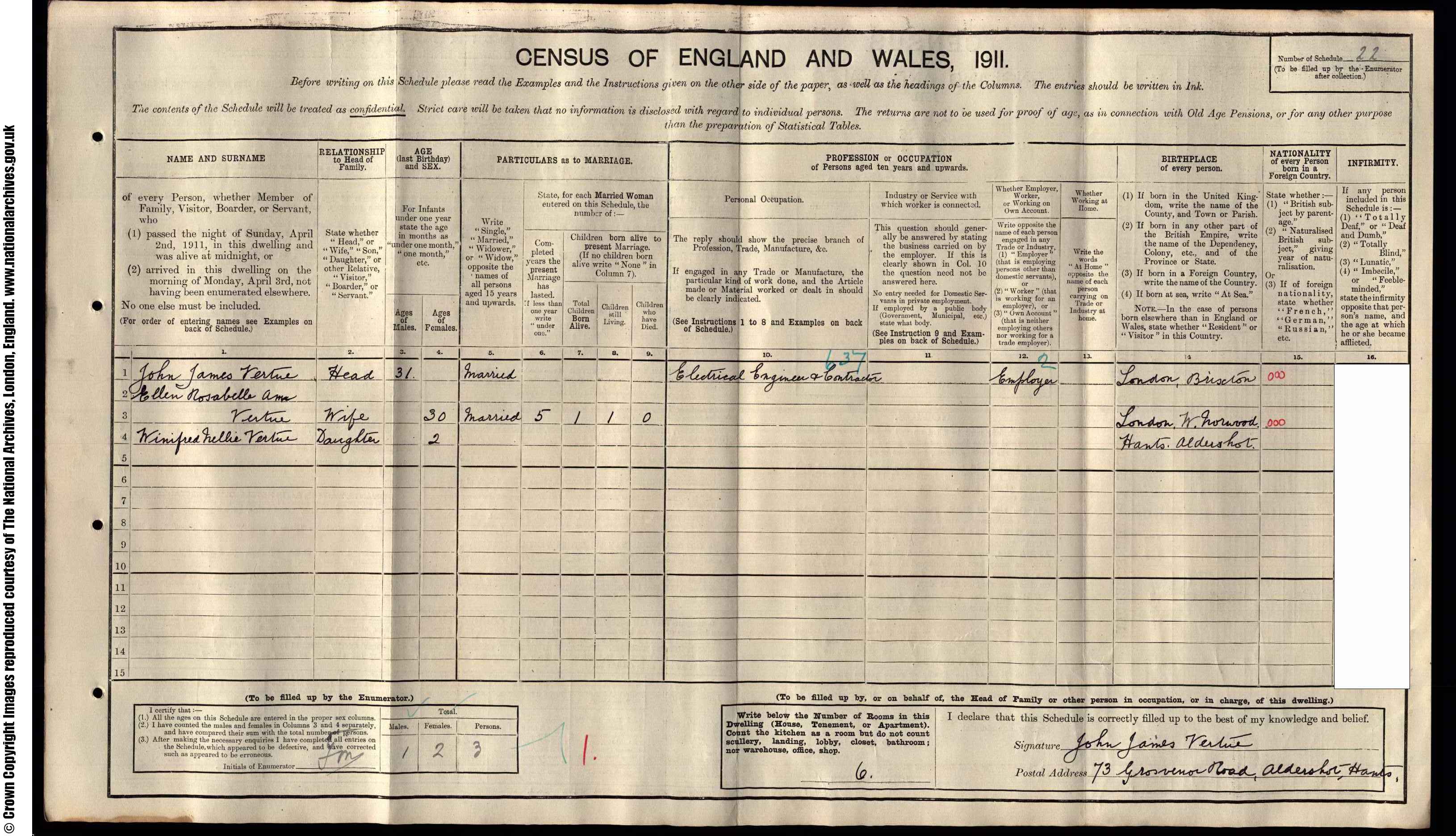 1911: 73  Grosvenor Road Aldershot, Surrey