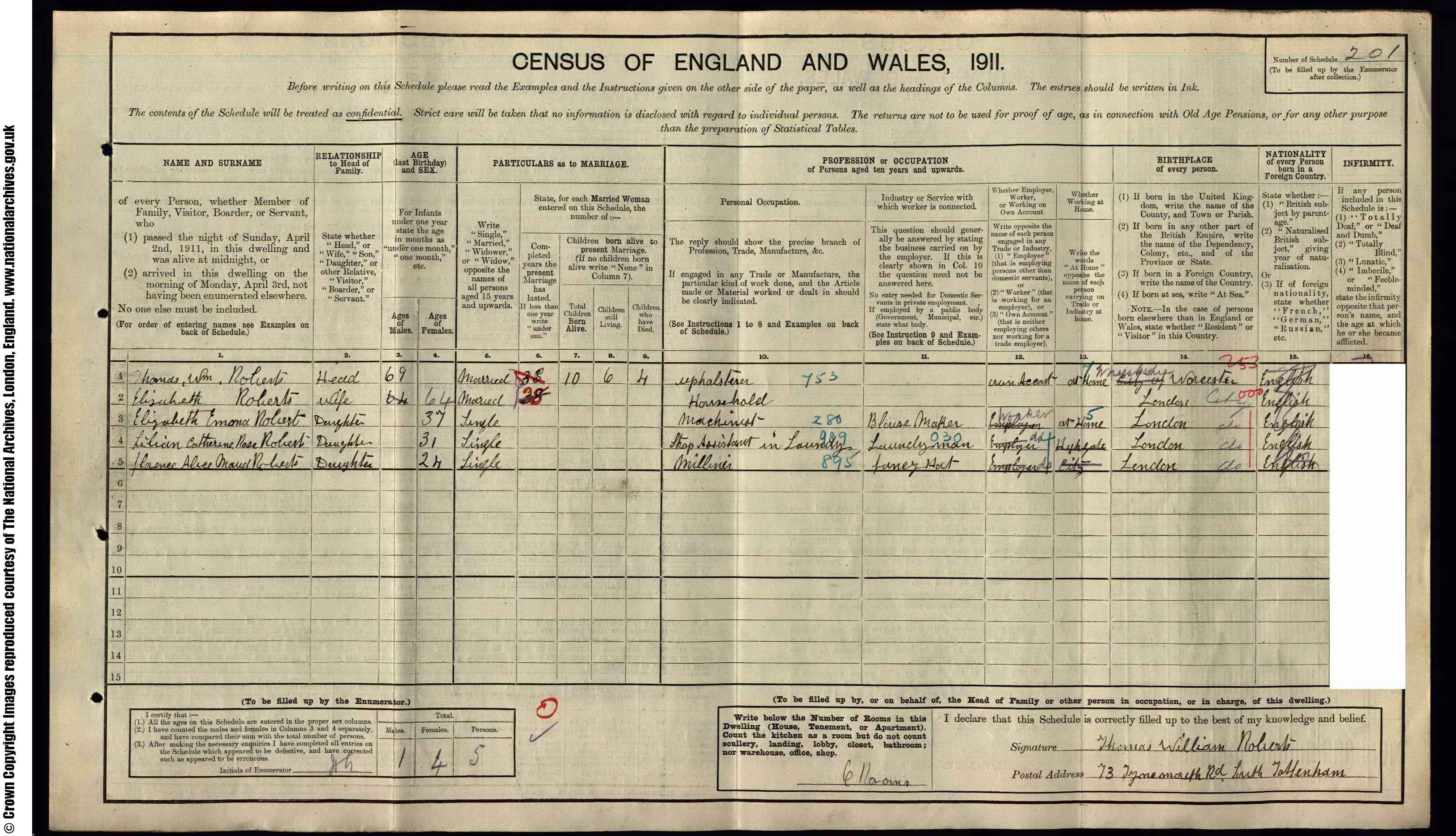 1911: 73  Tynemouth Road Tottenham, Middlesex