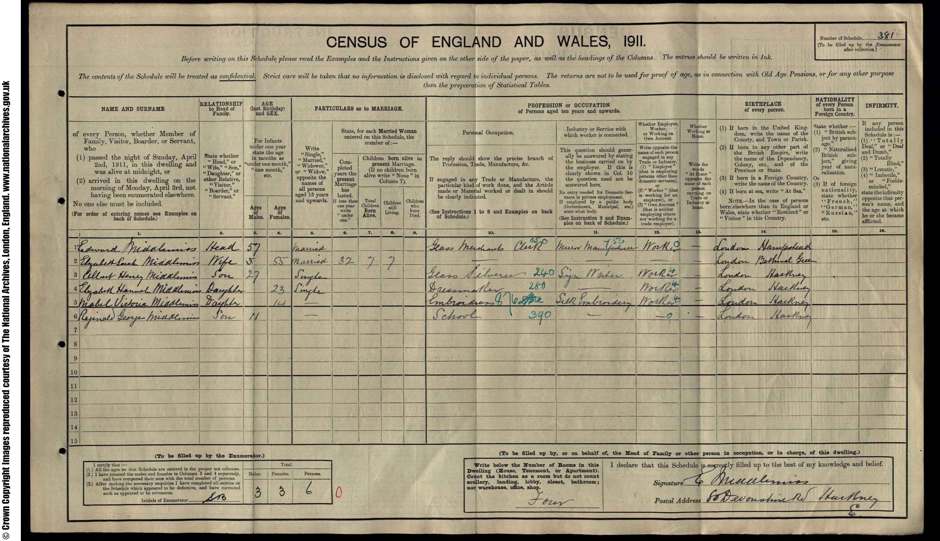 1911: 80  Devonshire Road Hackney, London