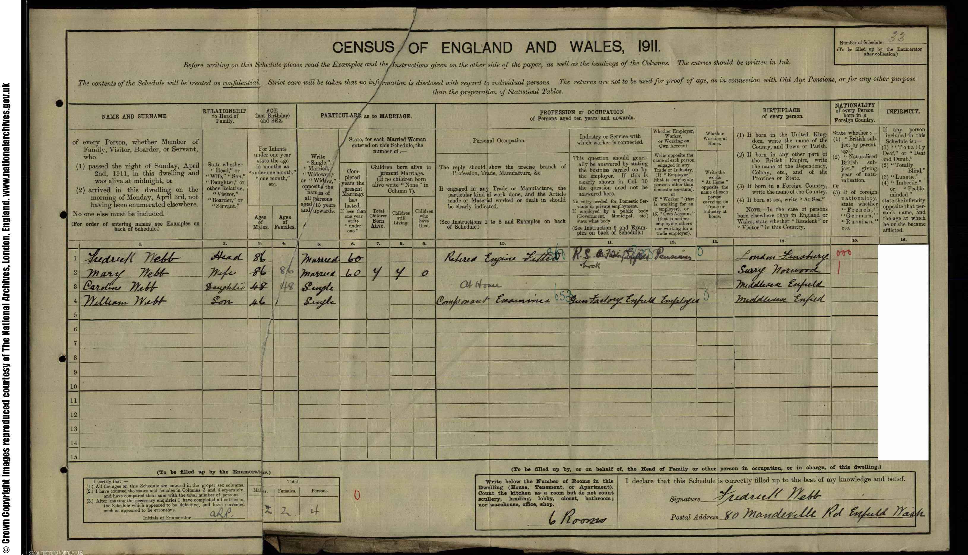 1911: 80  Mandeville Road Enfield Wash N, Middlesex