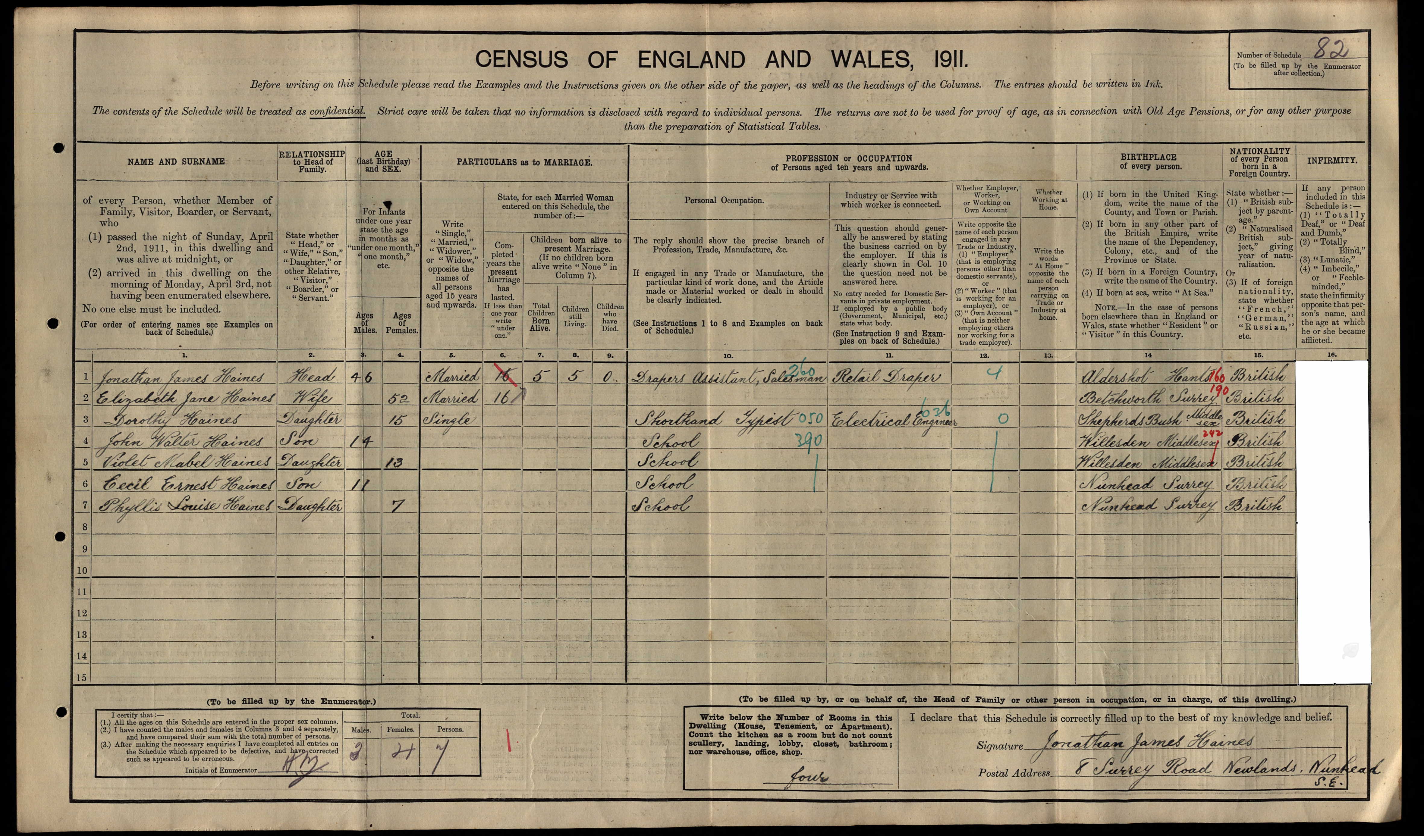 1911: 8 Surrey Road, Newlands, Nunhead, London S E, London