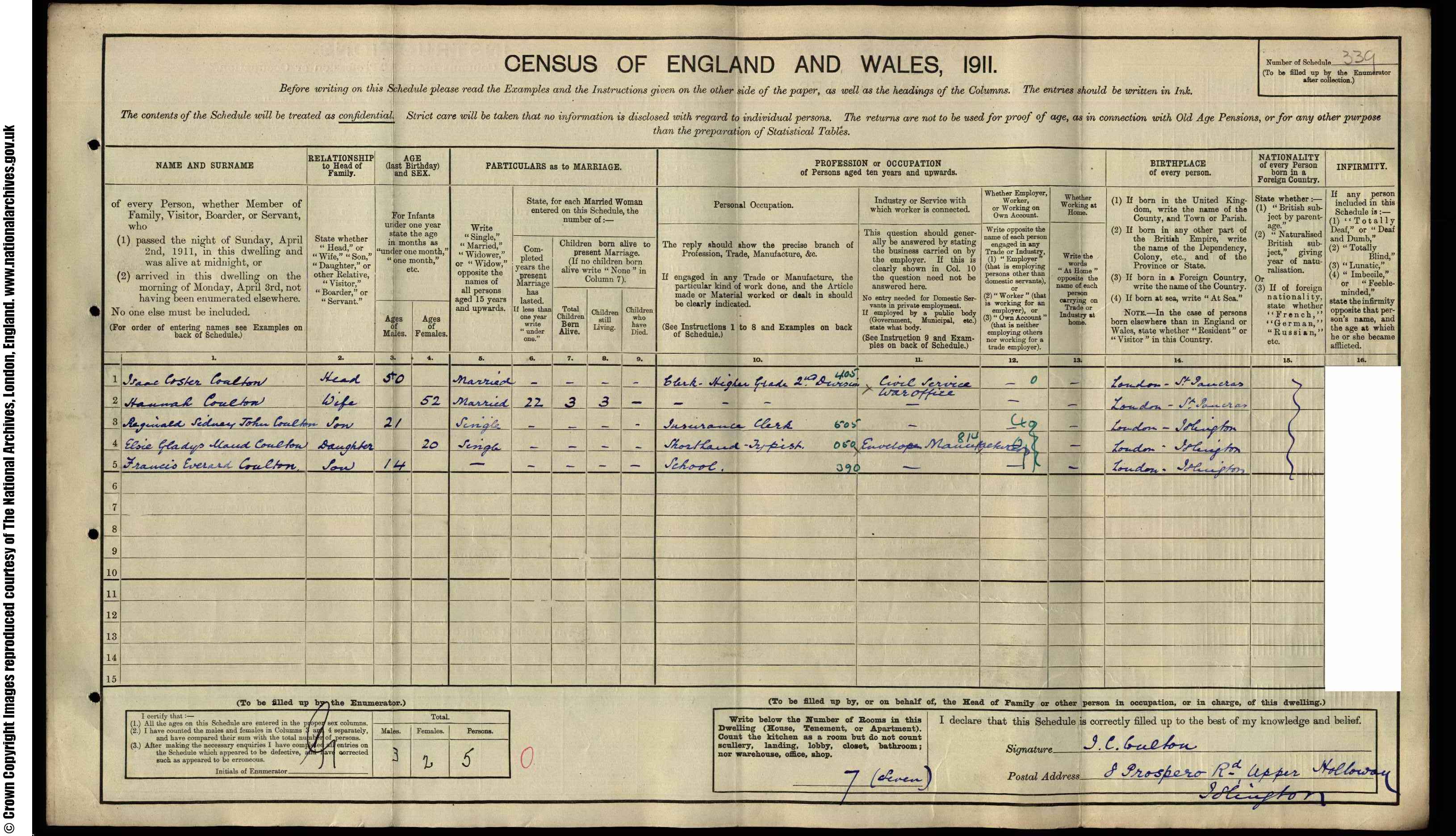 1911: 8  Prospero Road Upper Holloway Islington, London