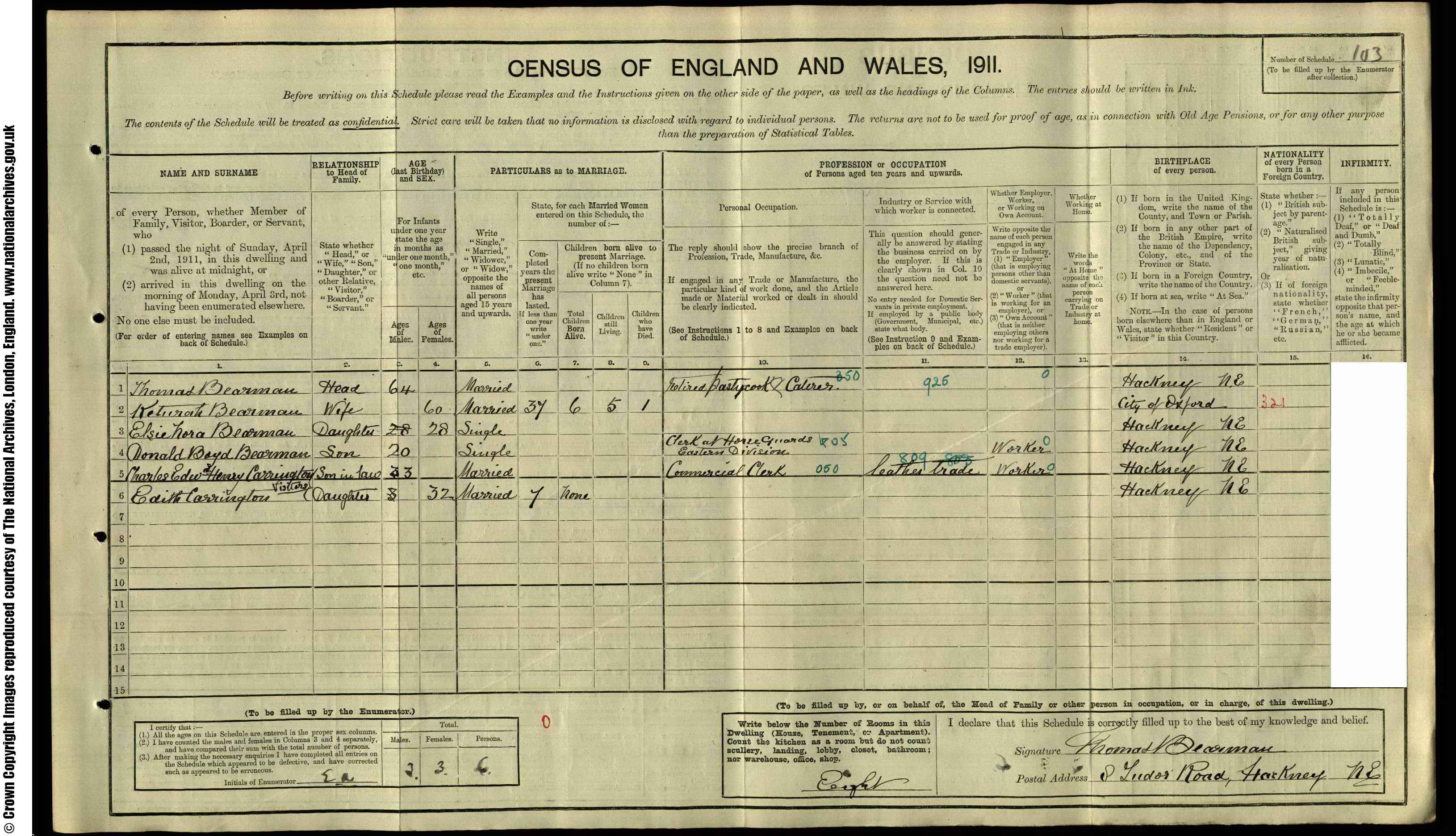 1911: 8  Tudor Road Mare St S Hackney N E, London