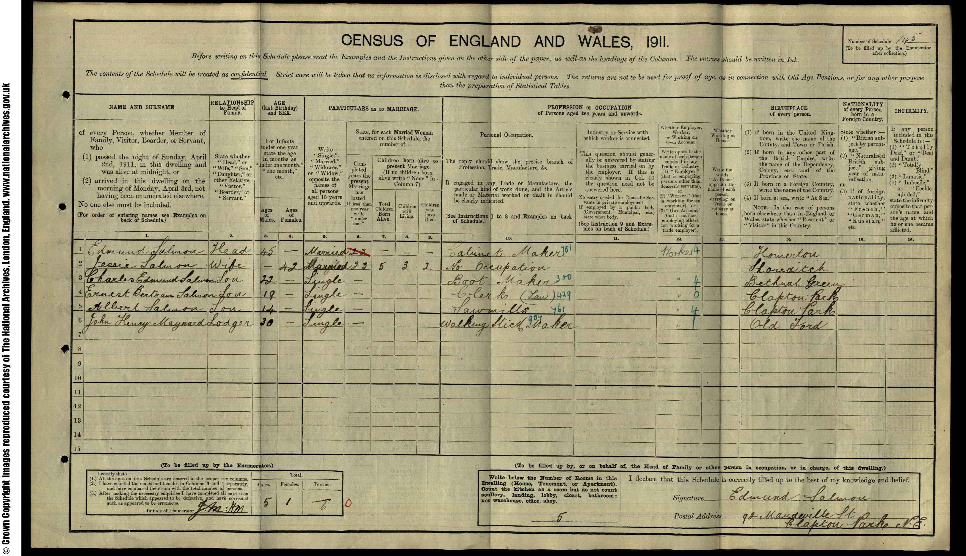 1911: 92  Mandeville Street Clapton Park N E, London