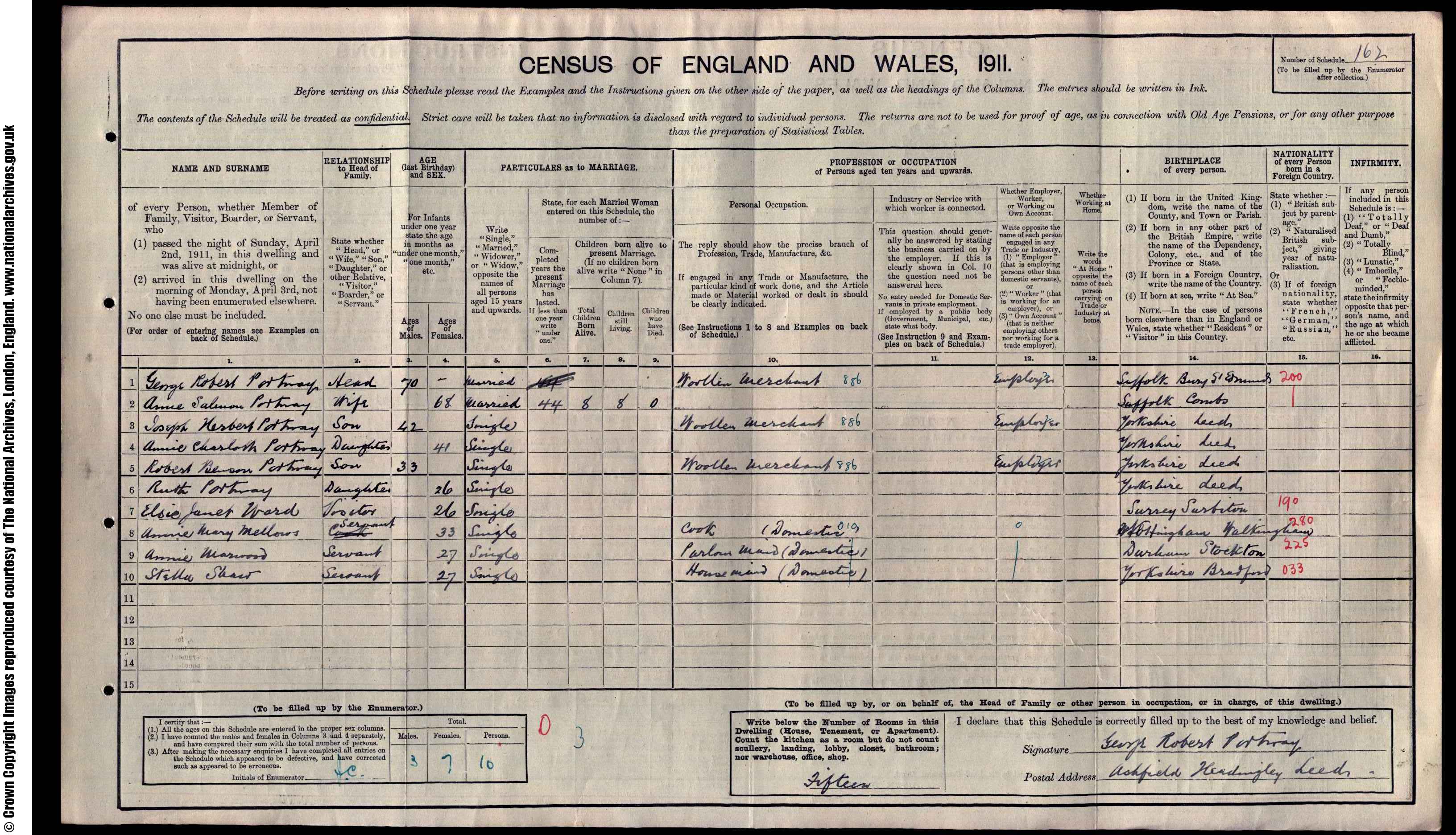 1911: Ashfield, Grove Road, Headingley, Yorkshire (West riding)