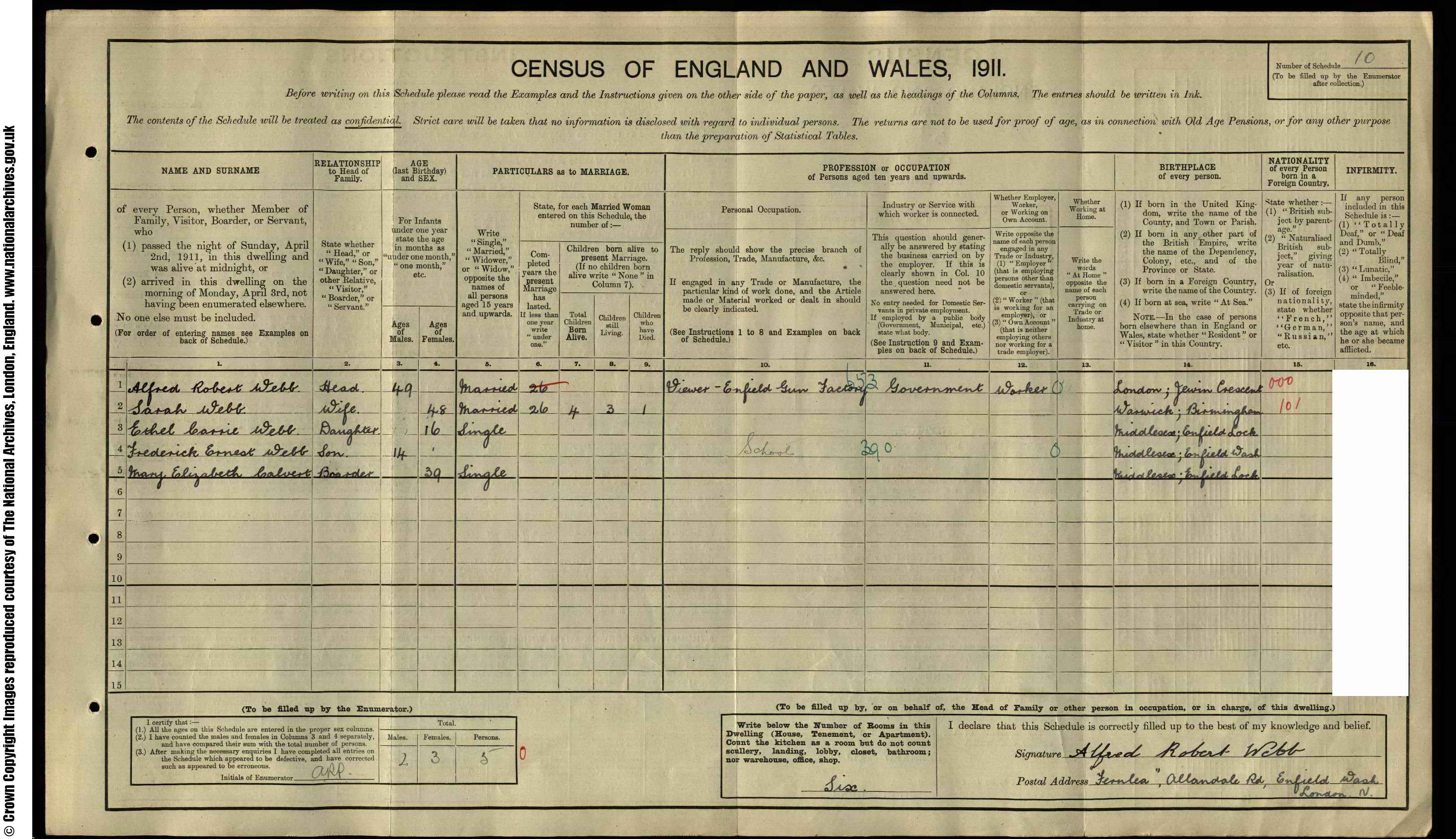 1911: Fernlea, Allandale Road, Enfield Wash N, Middlesex