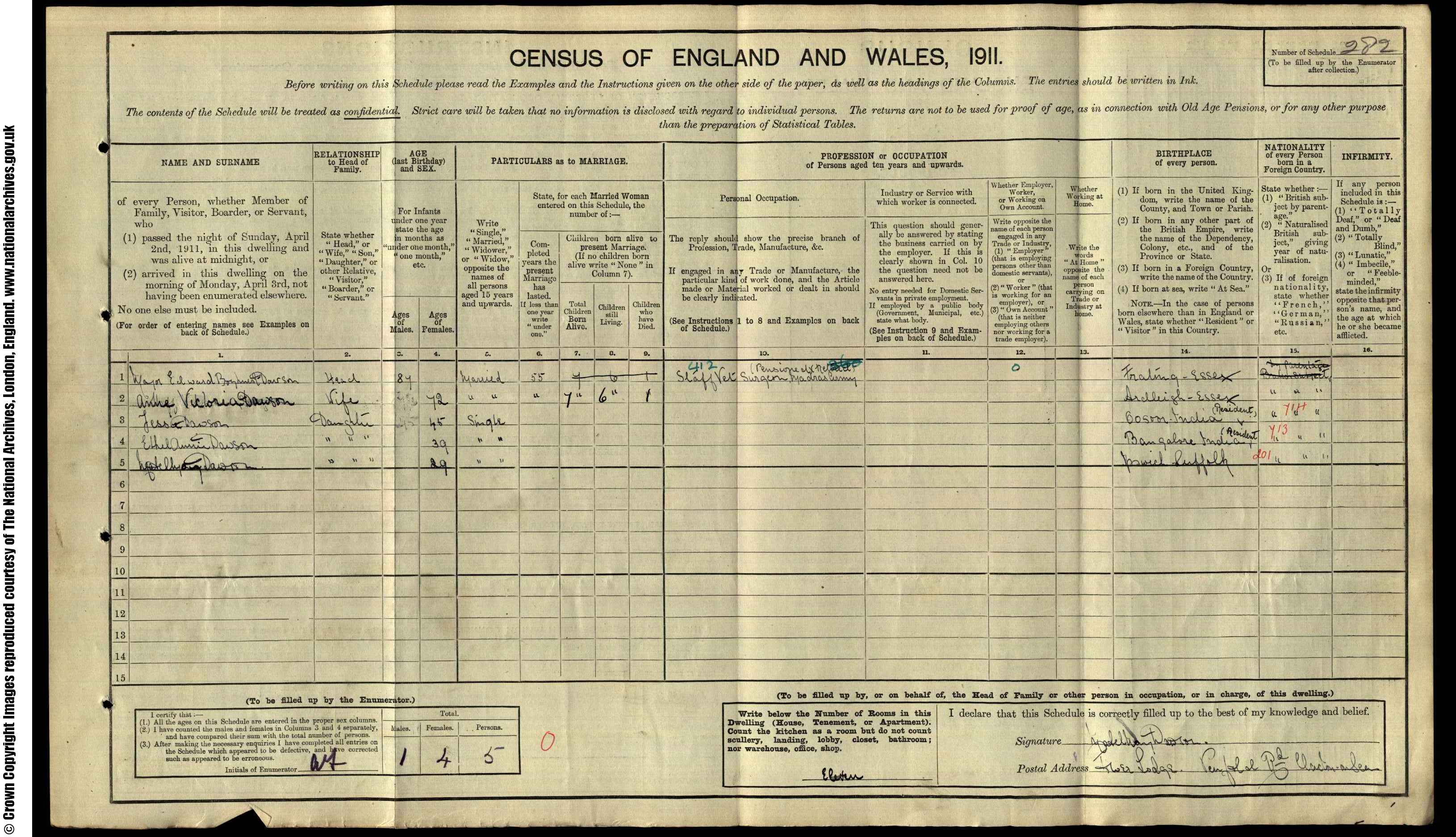 1911: Jowes Lodge, Penfold Road, Clacton on Sea, Essex