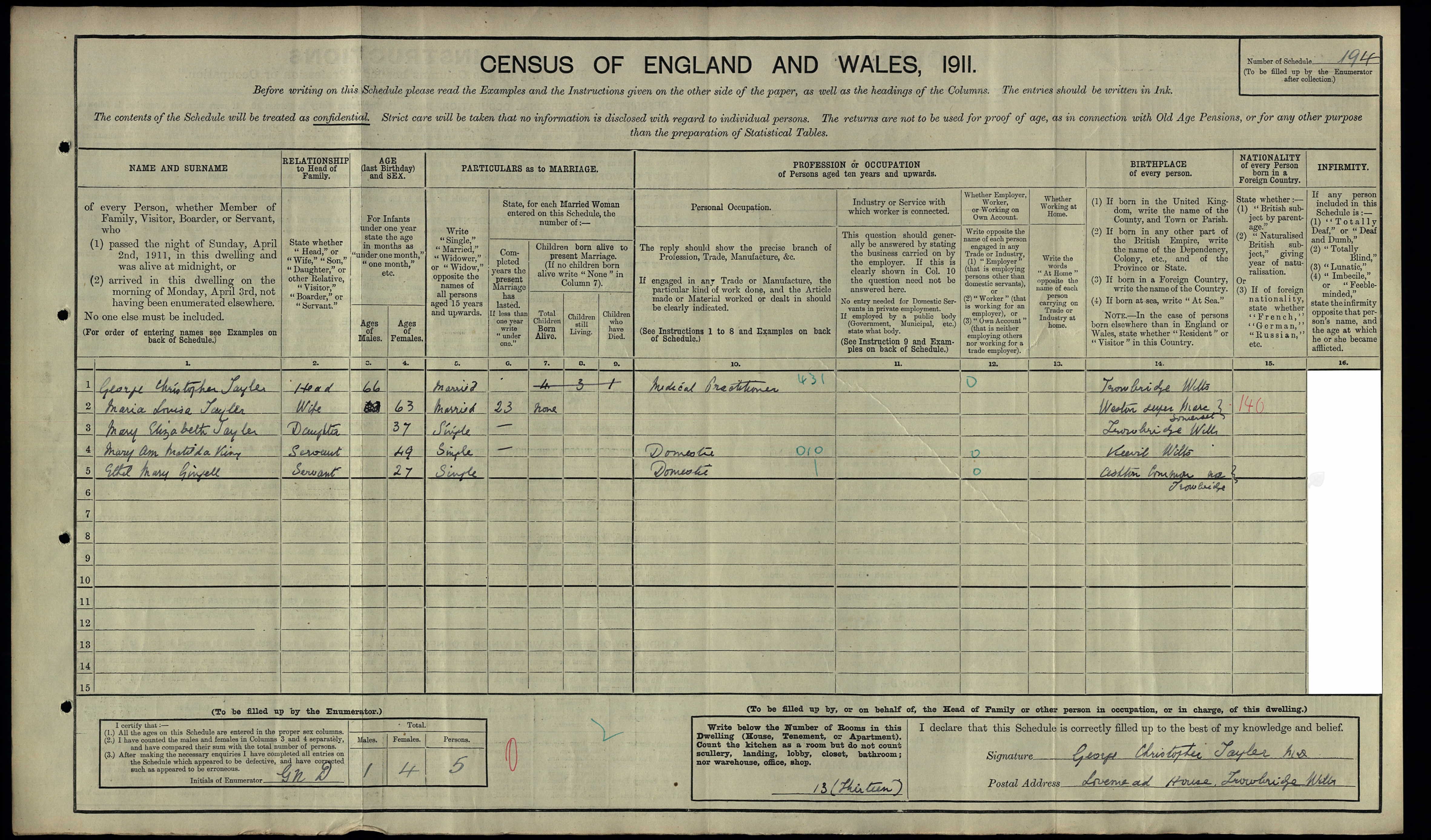 1911: Lovemead House, Roundstone St, Trowbridge, Wilts, Wiltshire