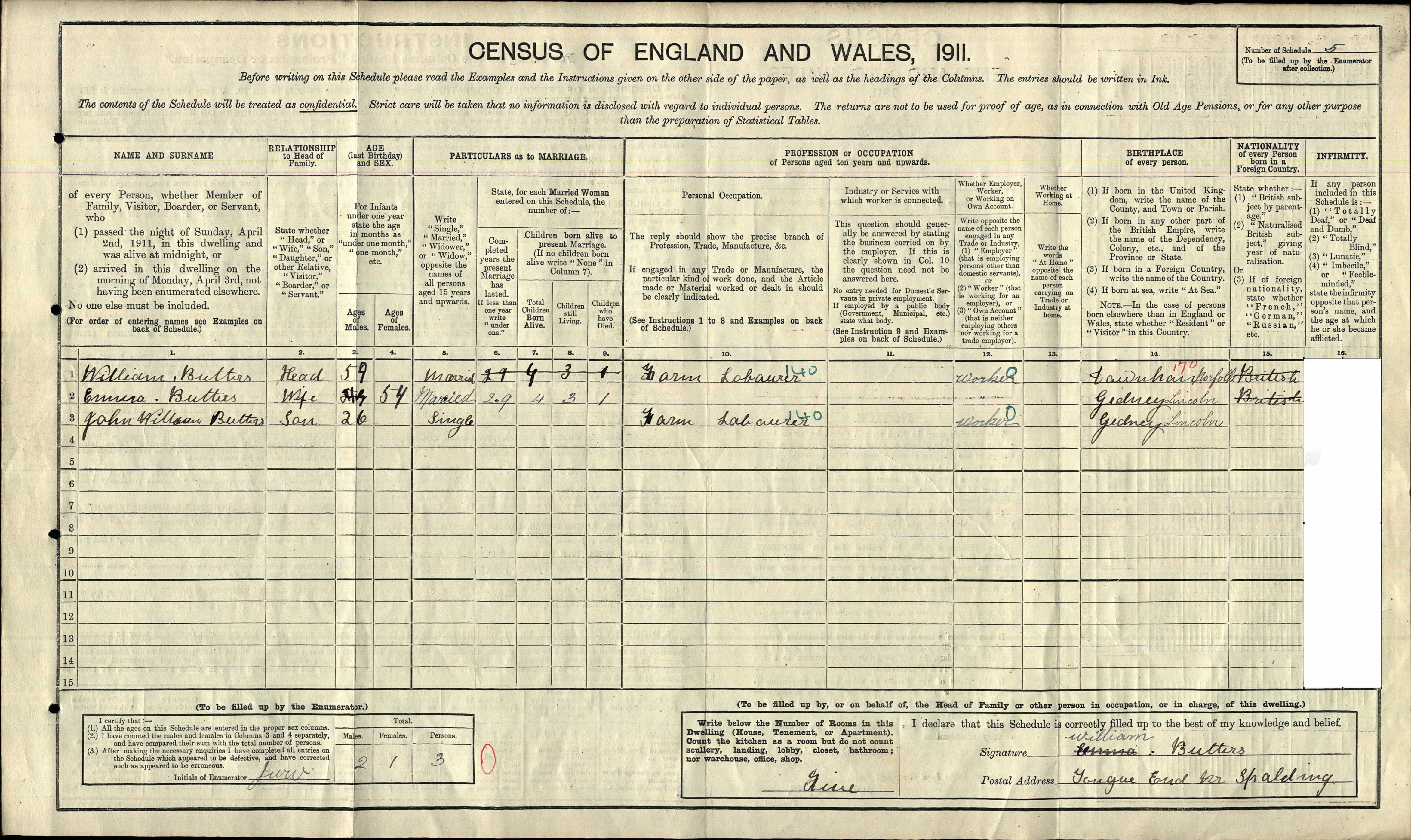 1911: Tongue End, Nr Spalding, Lincolnshire