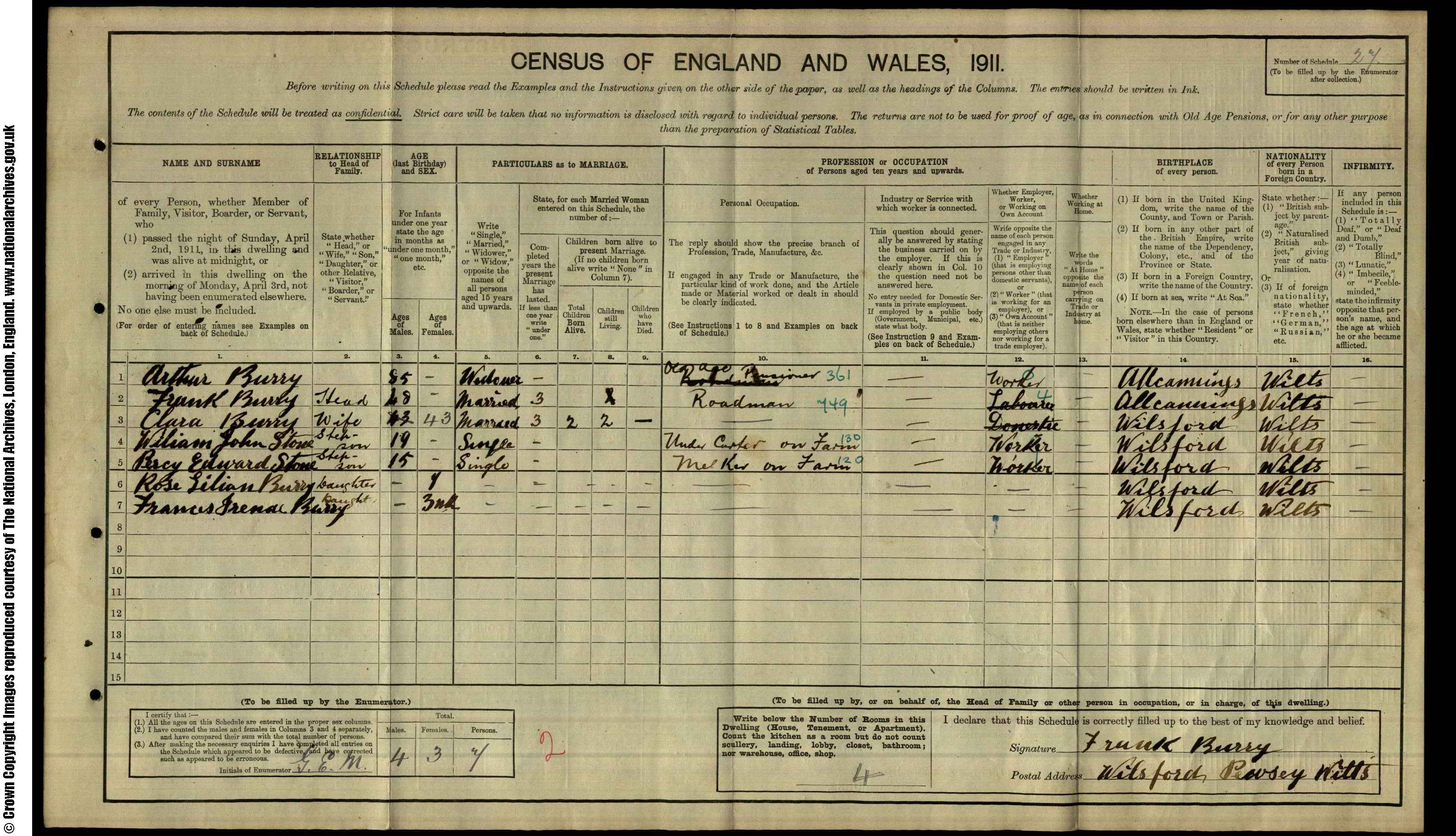 1911: Wilsford Pewsey S O Wiltshire, Wiltshire