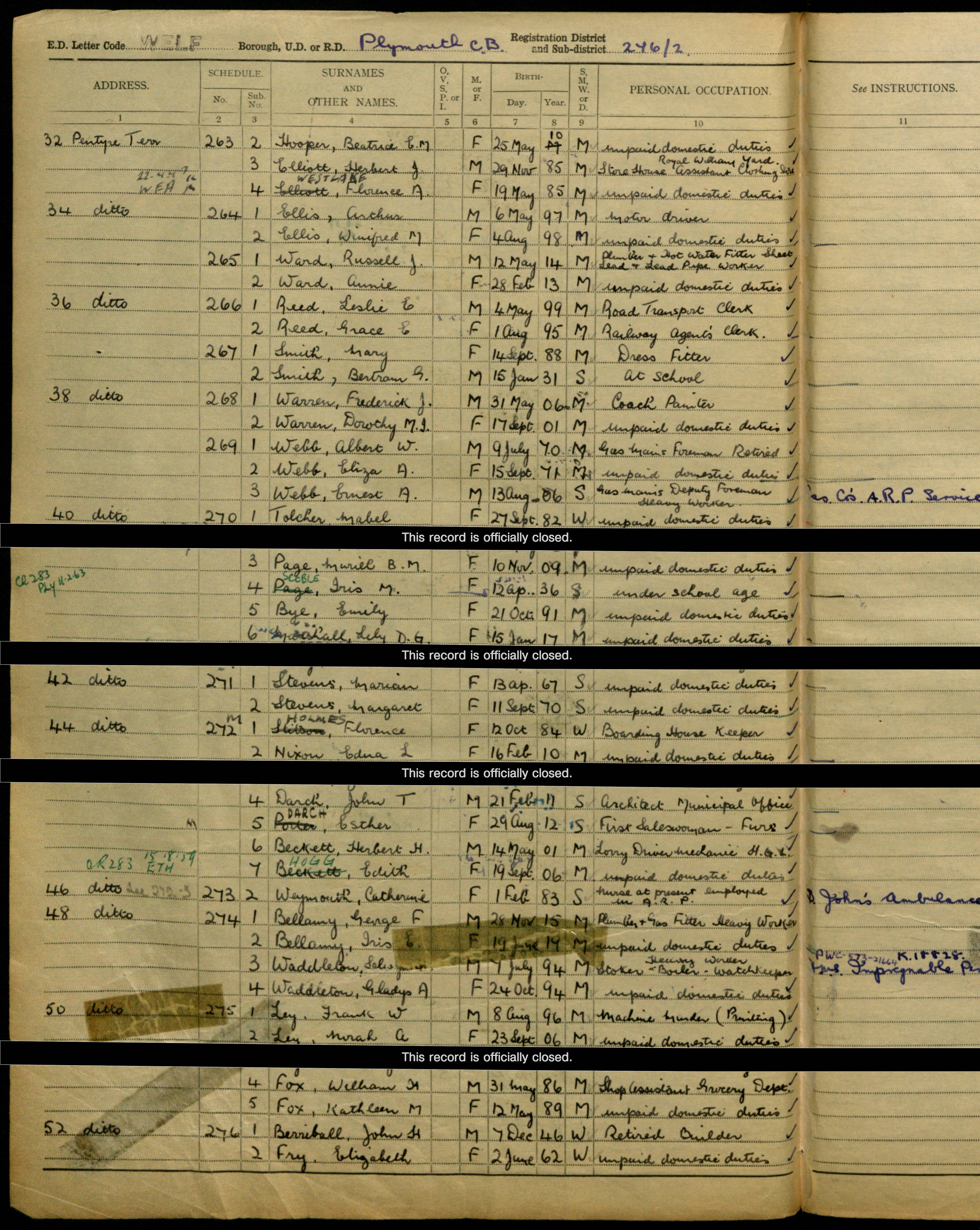 1939: 44 Pentyre Terrace, Plymouth, Devon