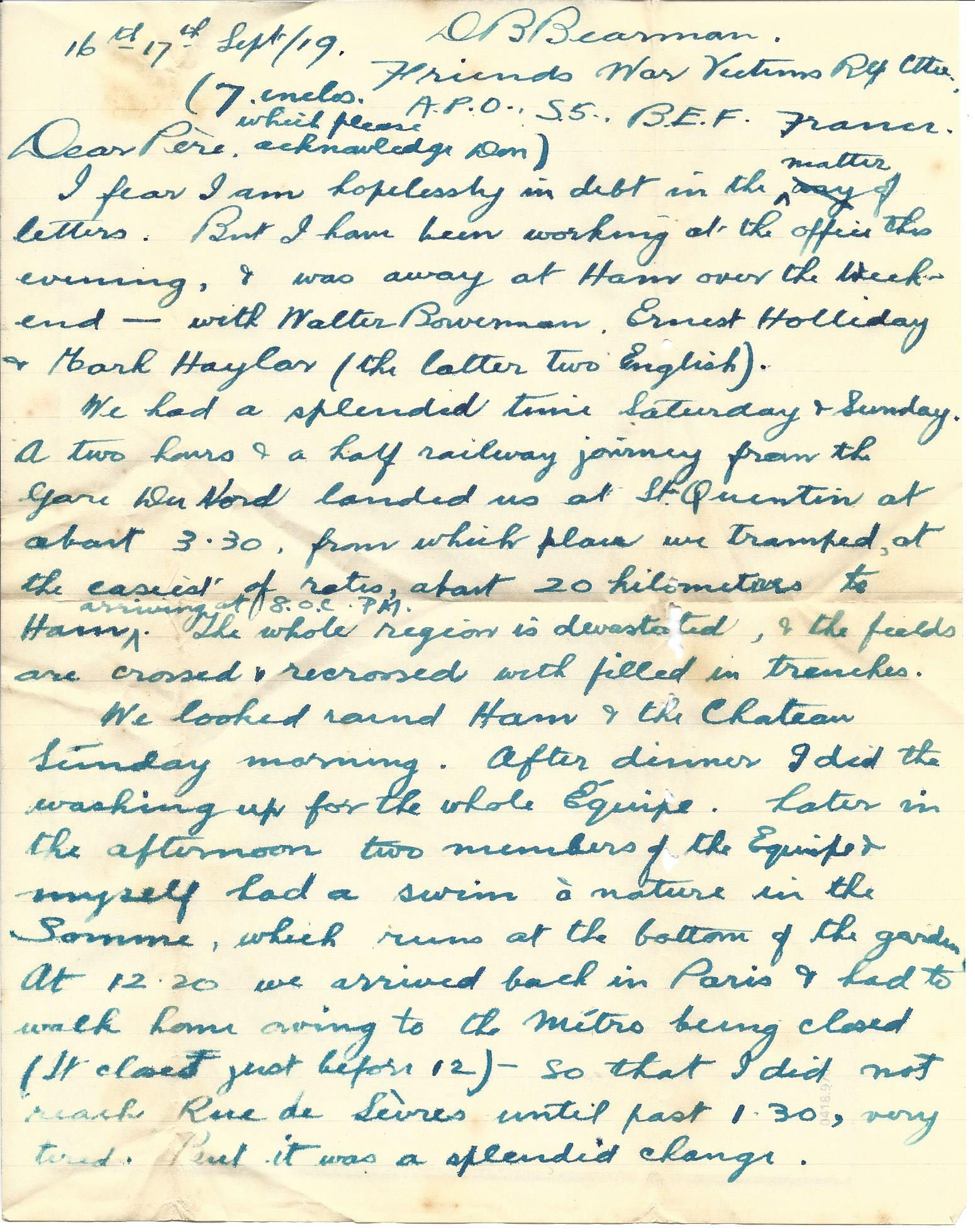 1919-09-16 p1 Donald Bearman letter to his father