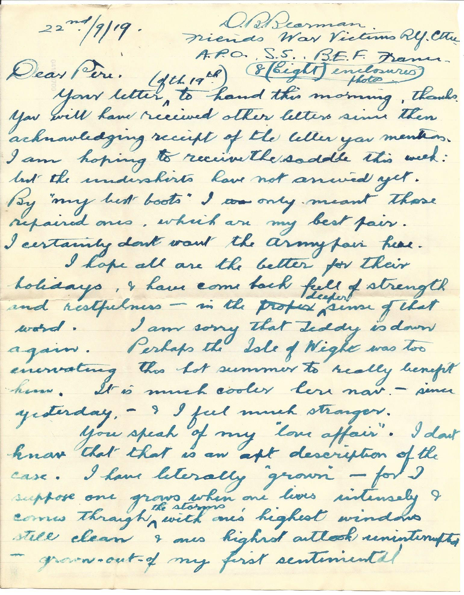 1919-09-22 page age letter by Donald Bearman