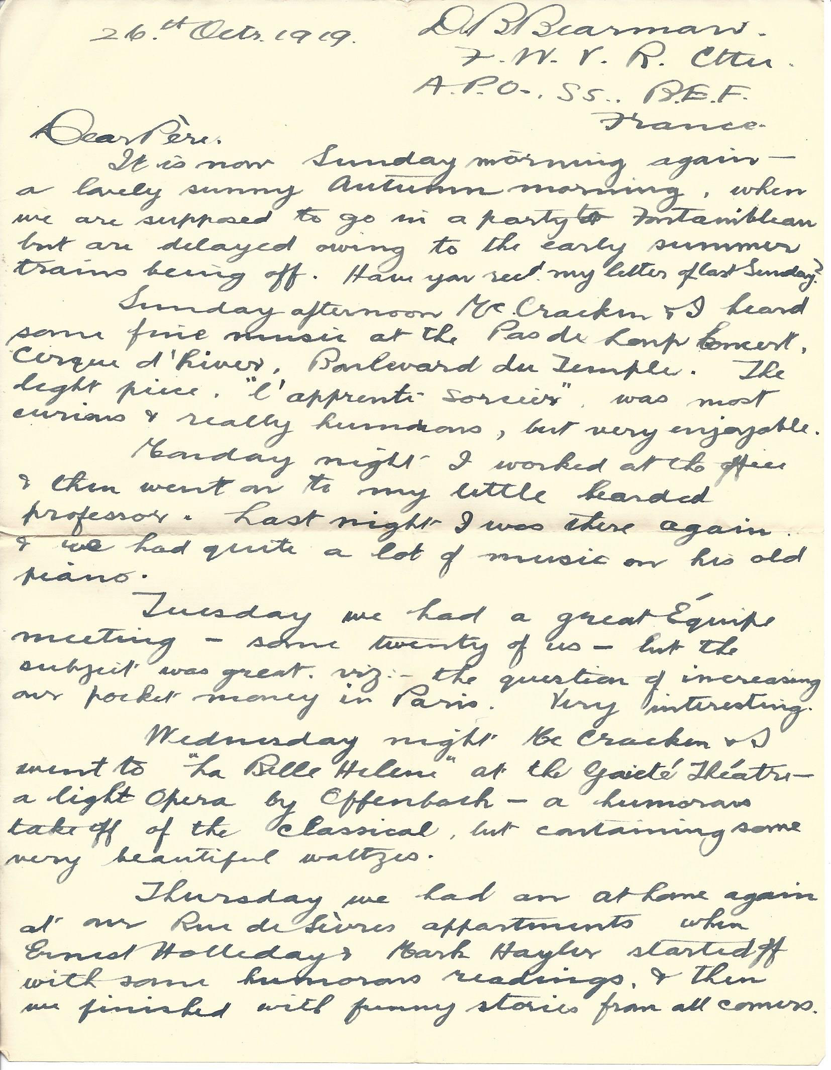 1919-10-26 Page 1 letter by Donald Bearman
