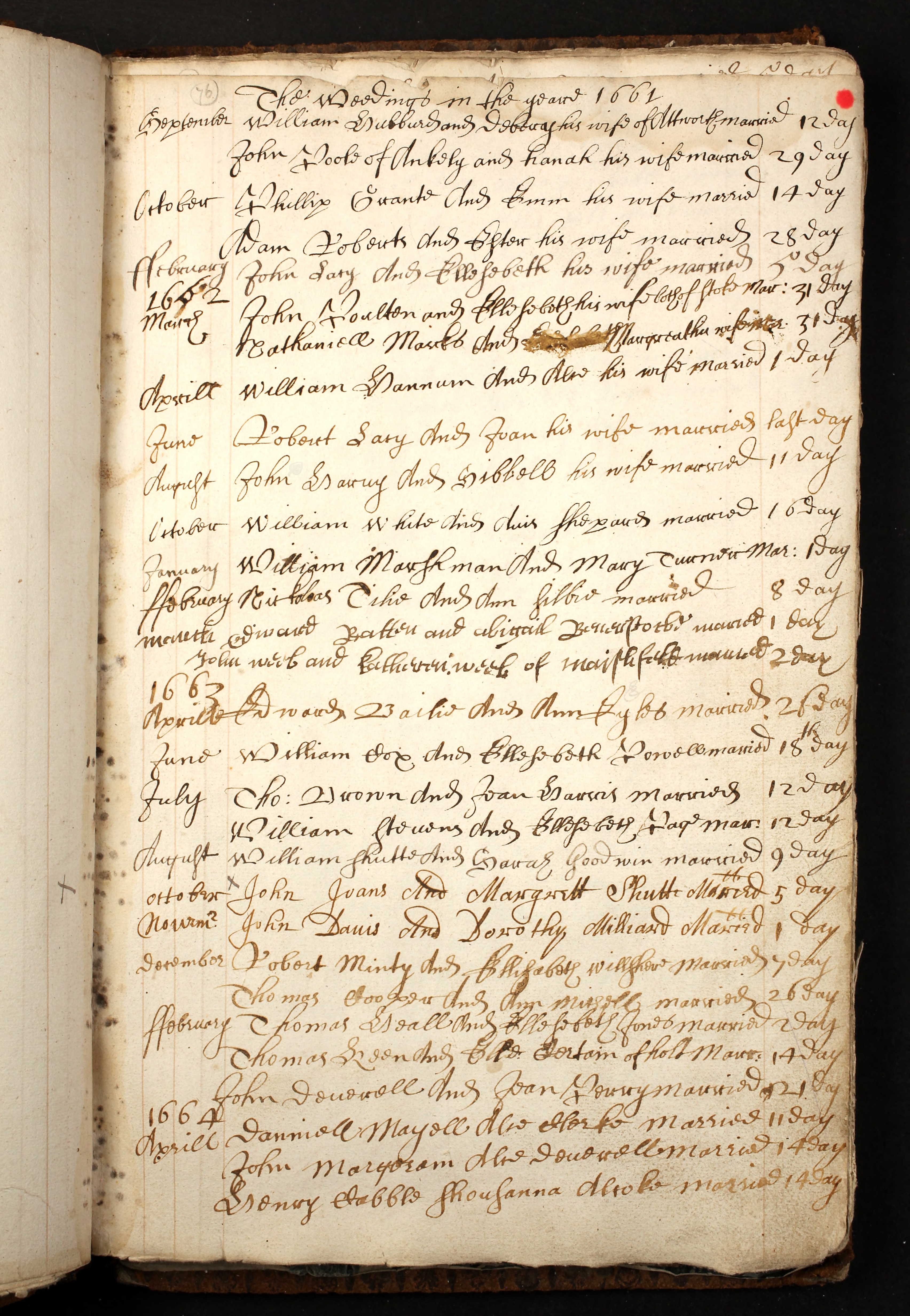 1661 marriage of Esther Roberts to Adam Roberts