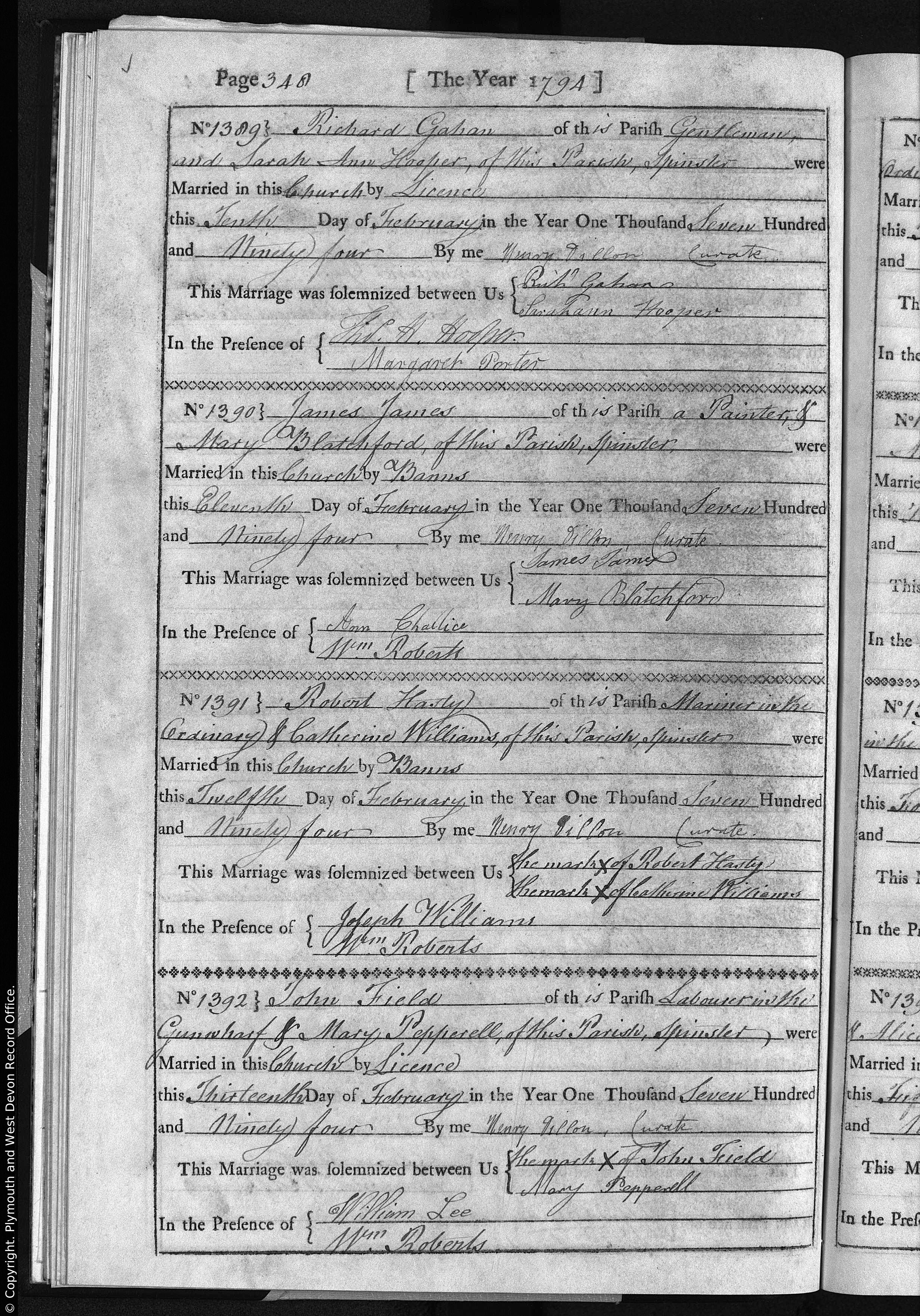 1794 marriage of Sarah Ann Hooper to Richard Gahan