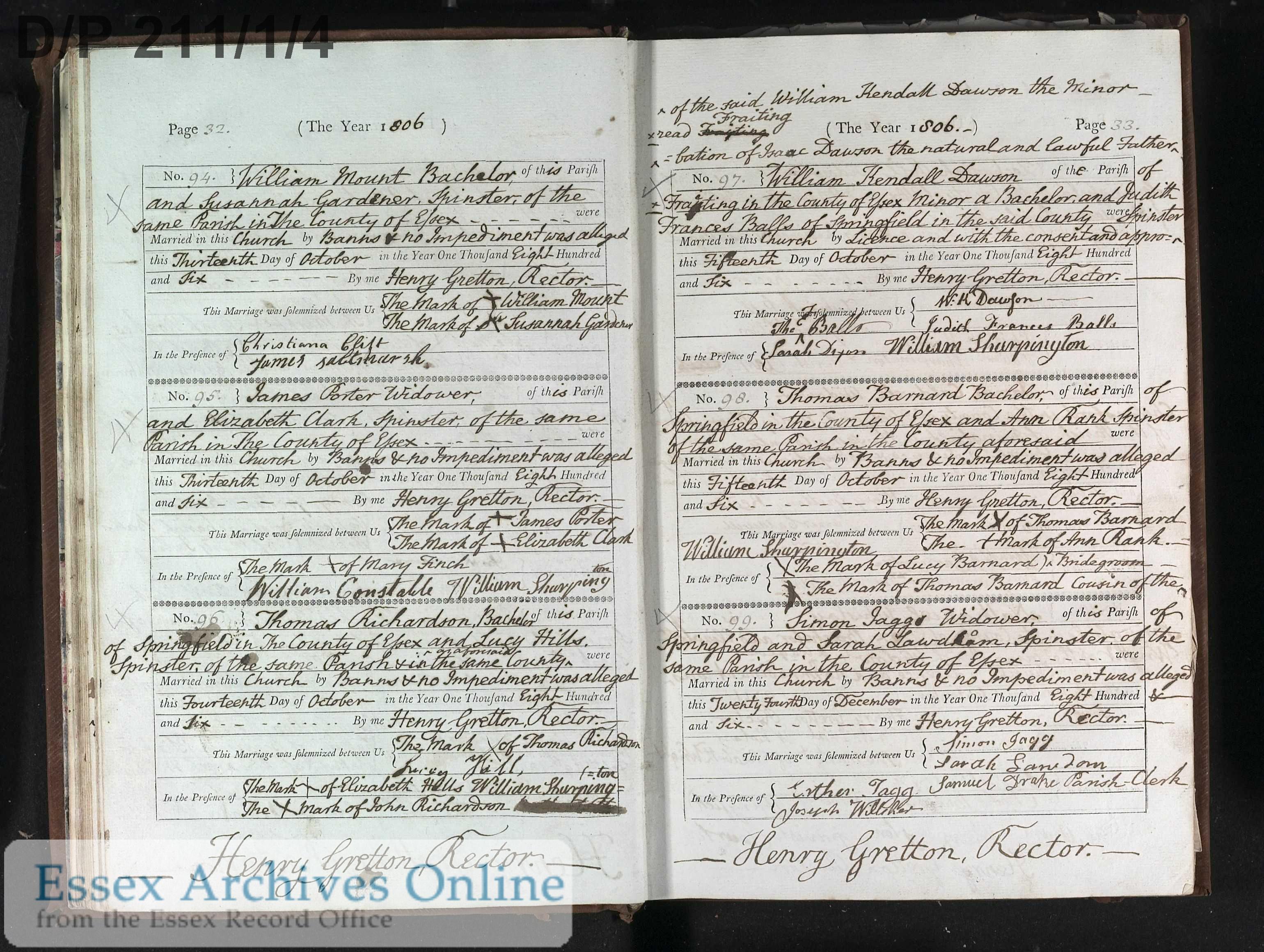 1806 marriage of Judith Frances Balls to William Kendall Dawson