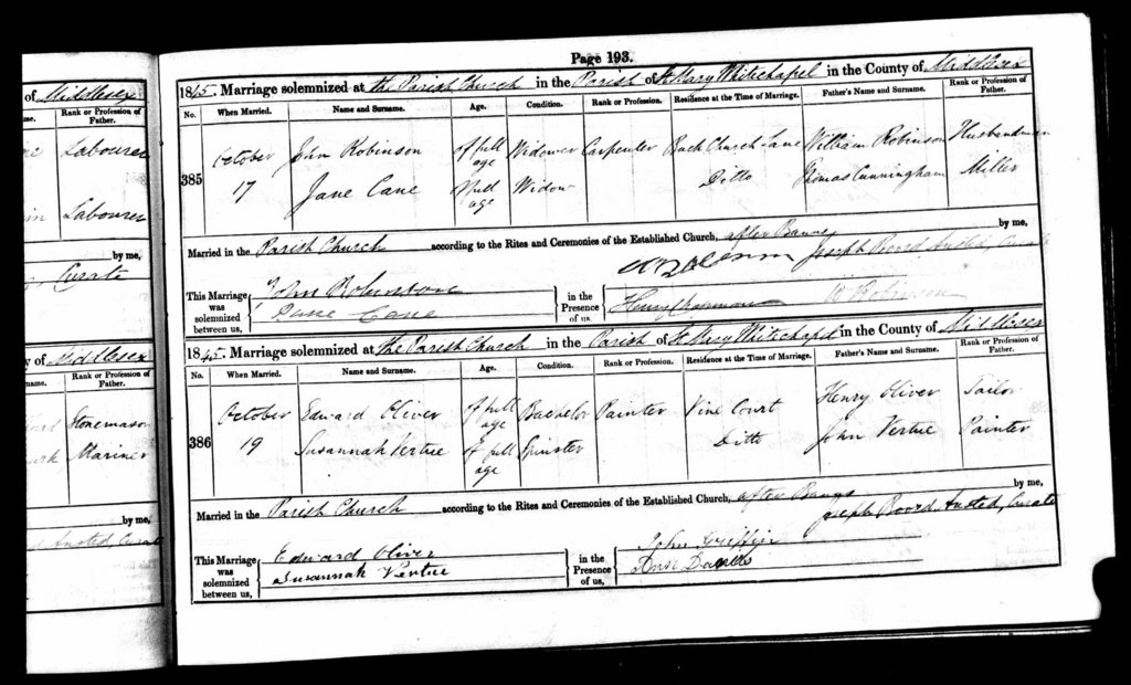 1822 marriage of Susanna Stewart Vertue to Edward Oliver