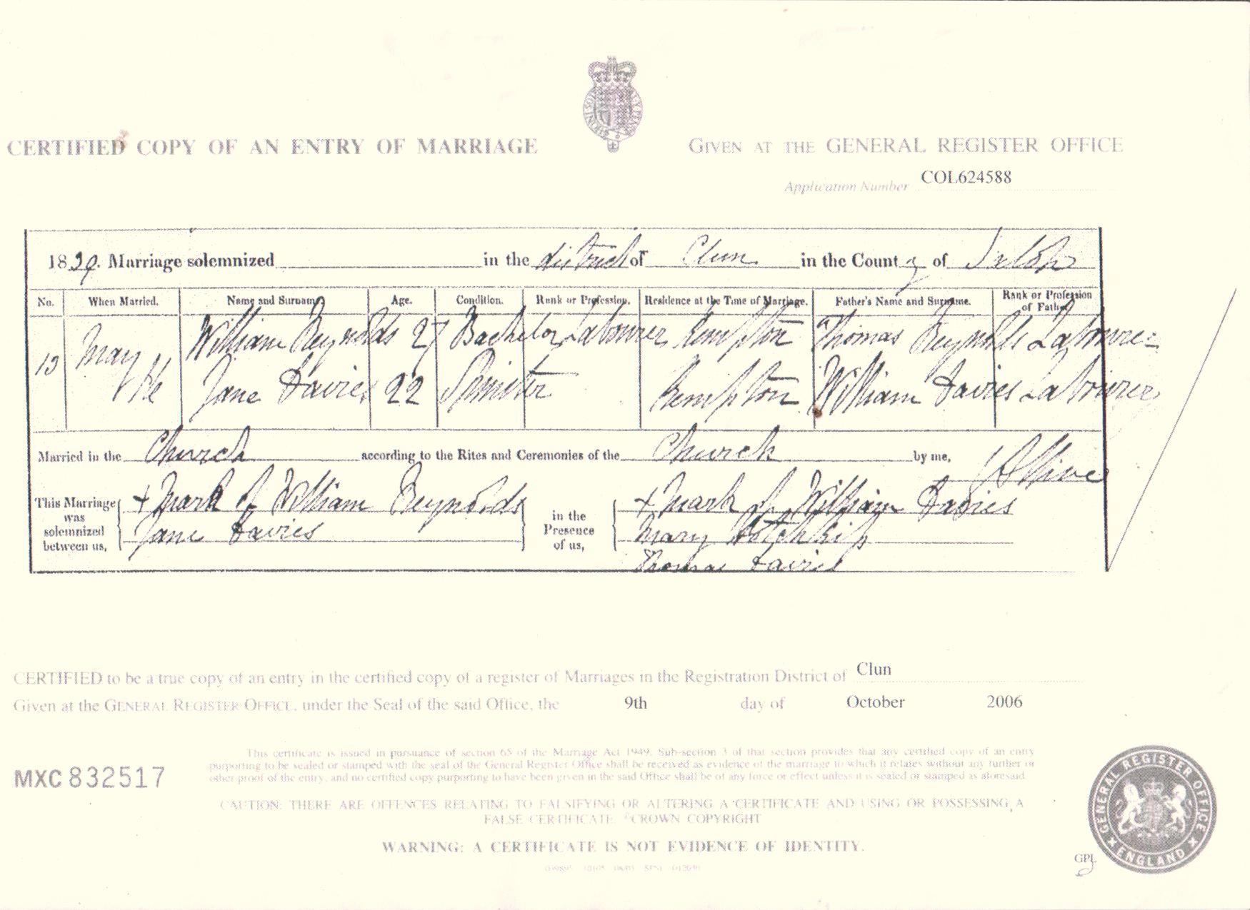 1839 marriage of Jane Davies to William Reynolds