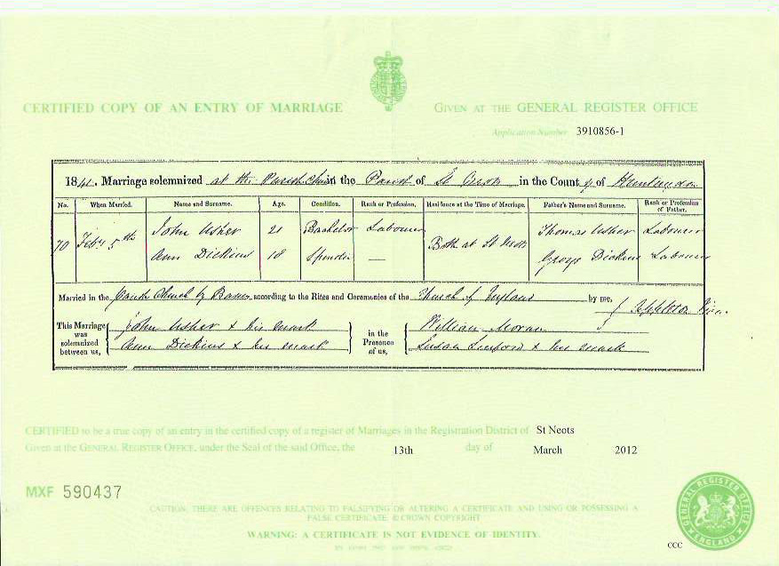 1841 marriage of Ann Dickins to John Usher