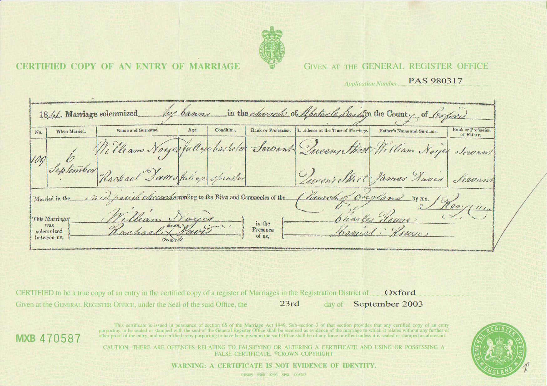 1841 marriage of Rachel Davies to Wlliam Noyes