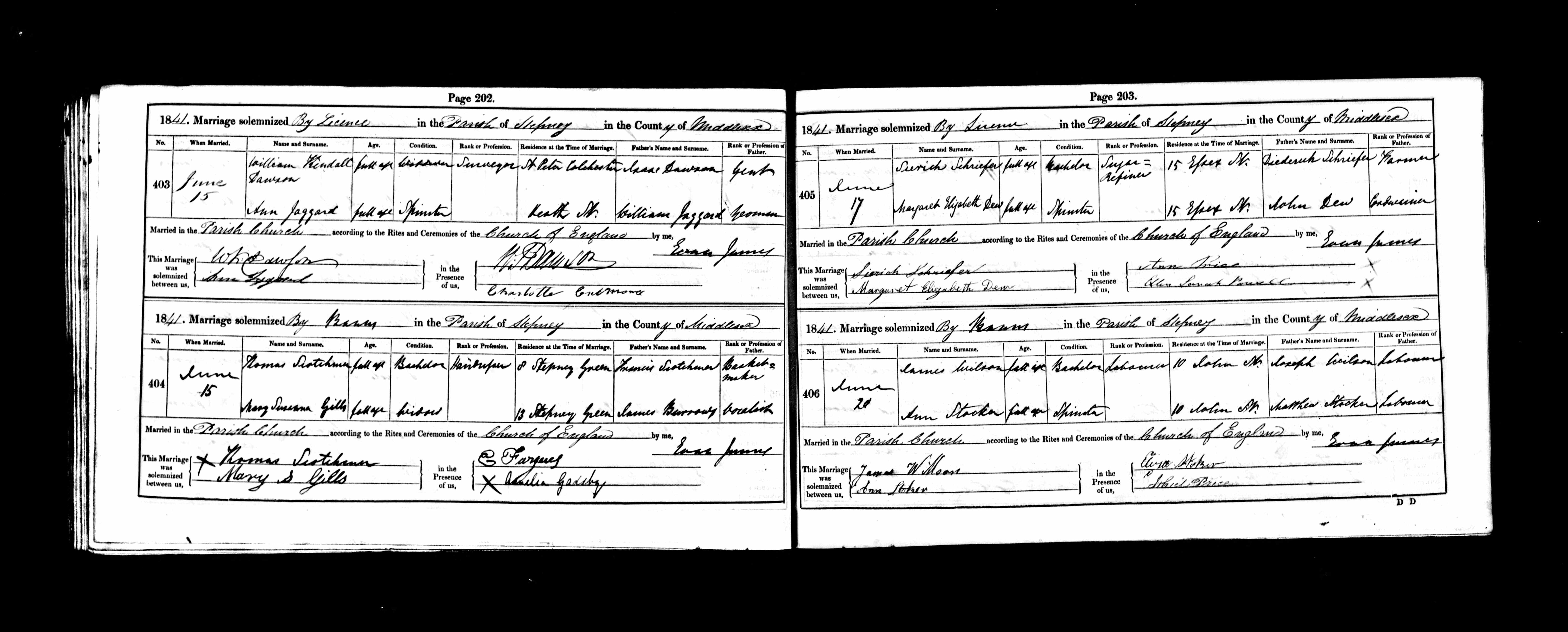 1842 marriage of Ann Jaggard to William Kendall Dawson