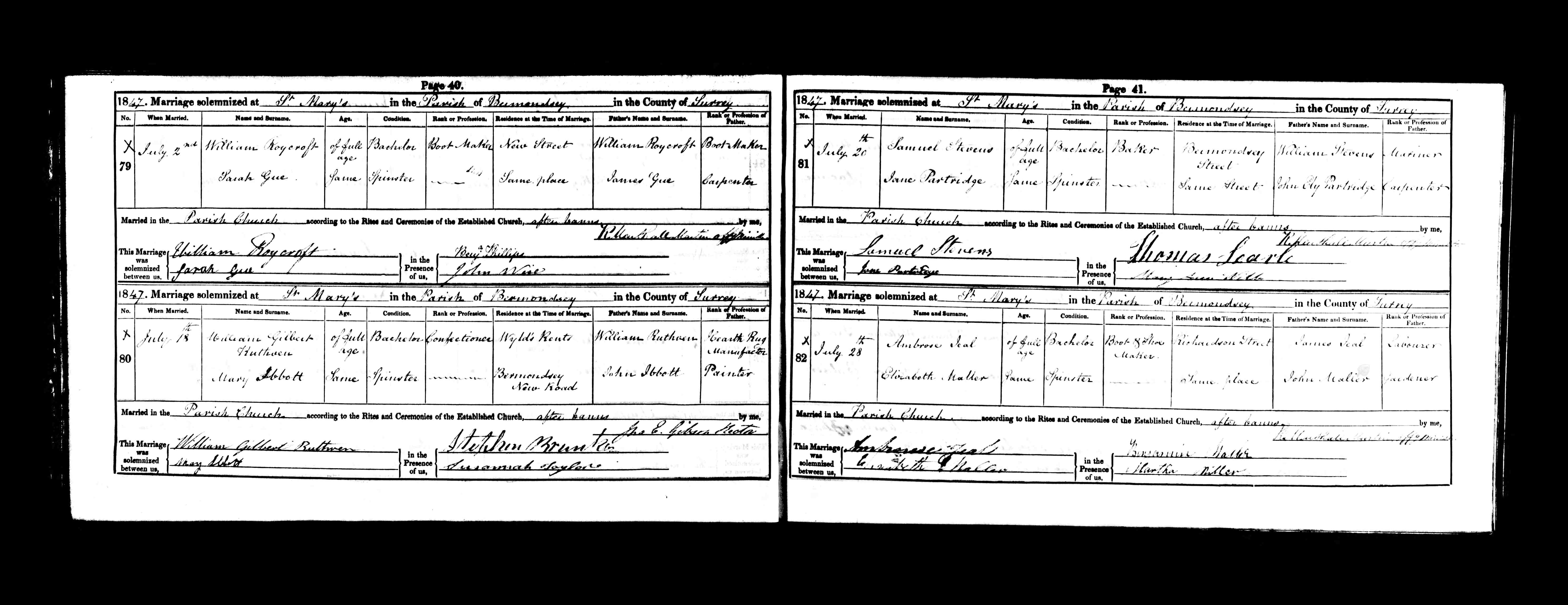 1847 marriage of Jane Partridge to Samuel Stevens