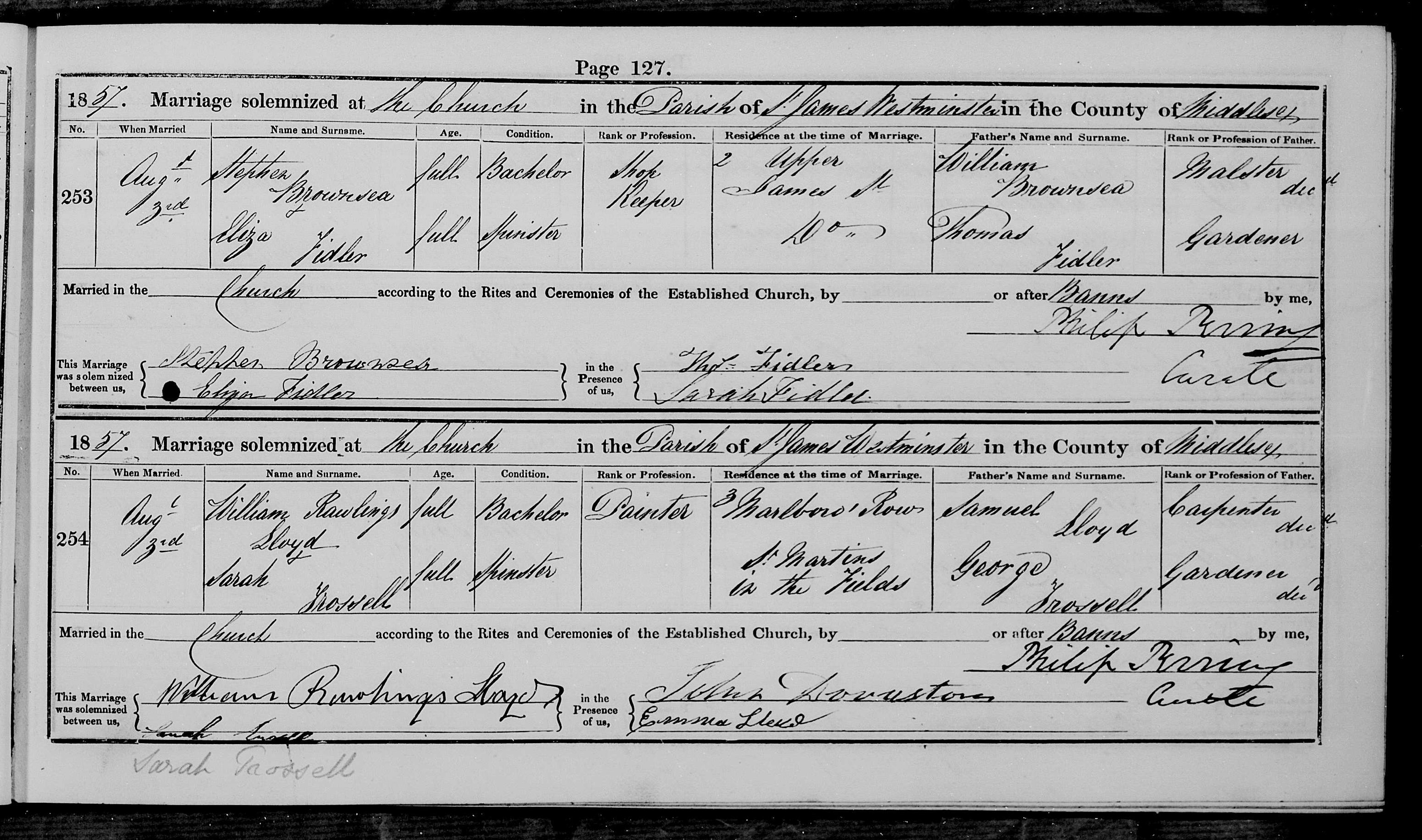1857 marriage of Eliza Fidler to Stephen Brownsea