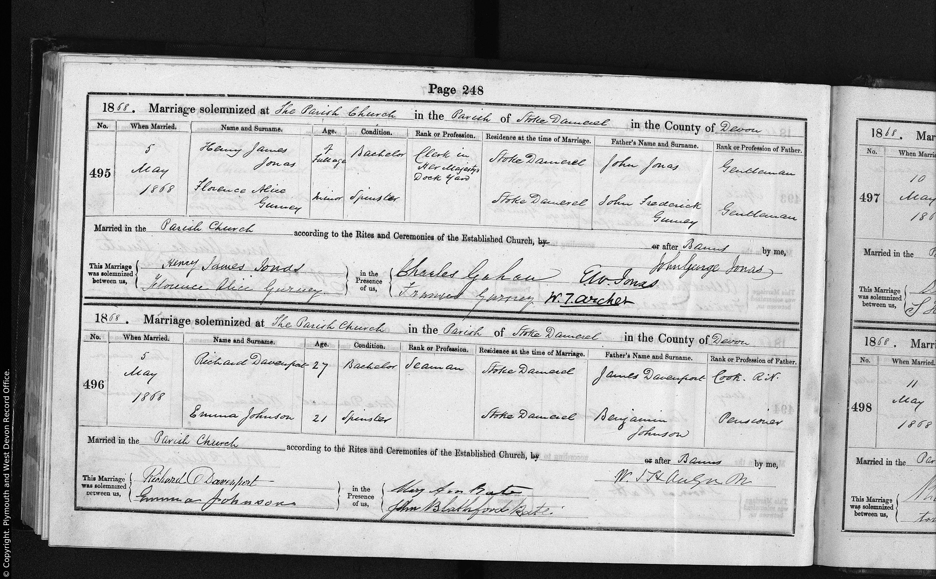 1868 marriage of Florence Alice Gurney to Henry James Jonas