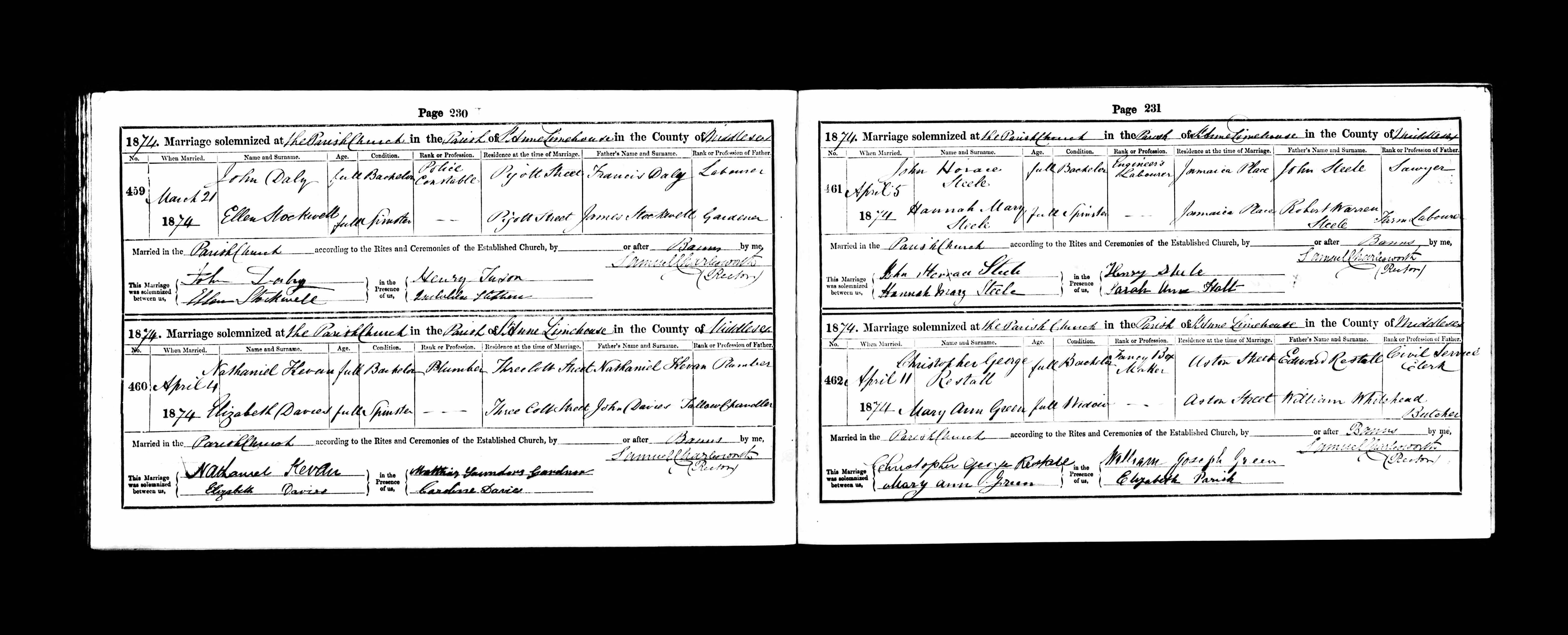 1874 marriage of Elizabeth Davies to Nathaniel Kevan