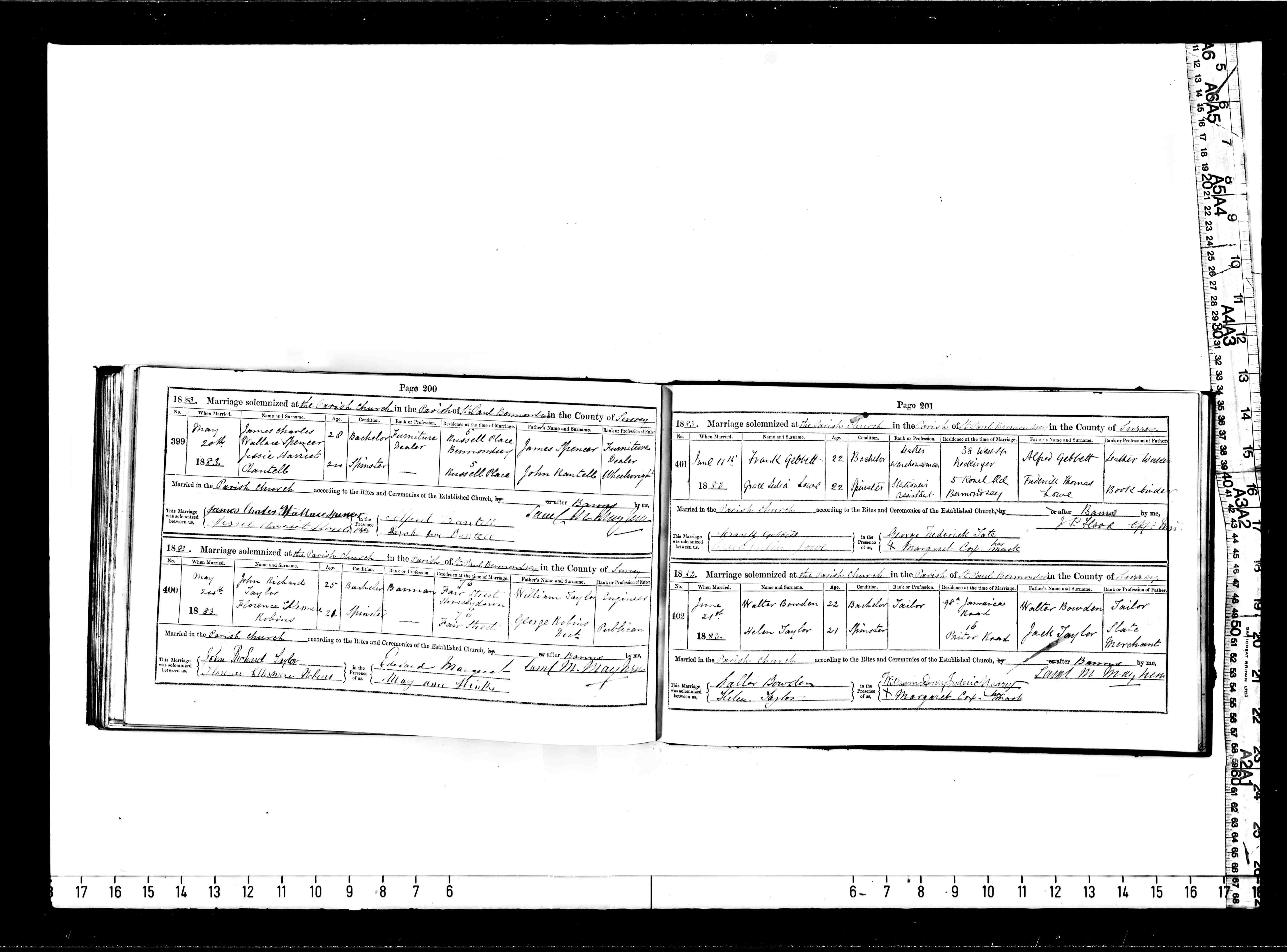 1883 marriage of Jessie Harriet Rantell to James Charles Wallace