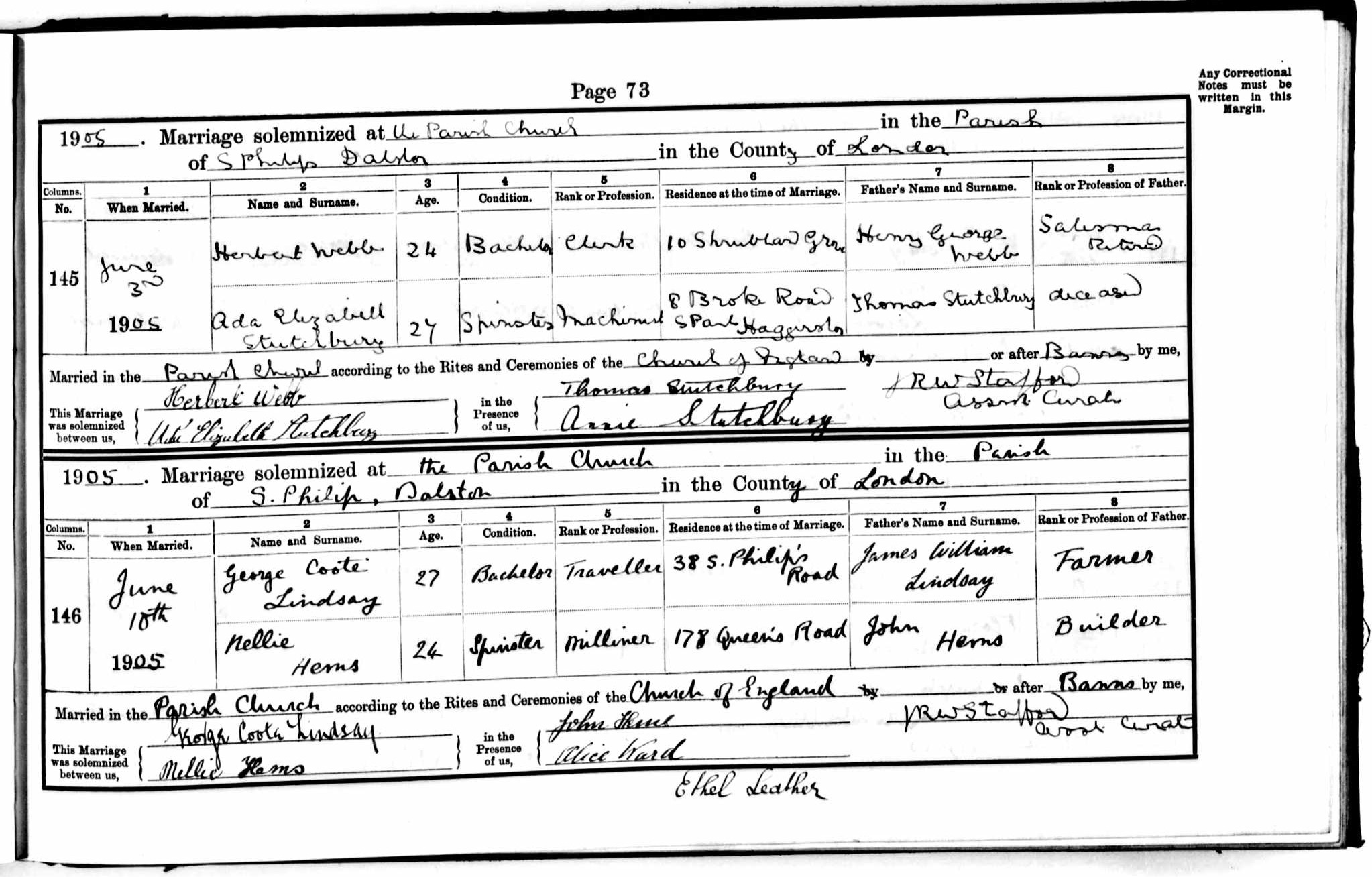 1905 marriage of Ada E Stutchbury to Herbert Webb