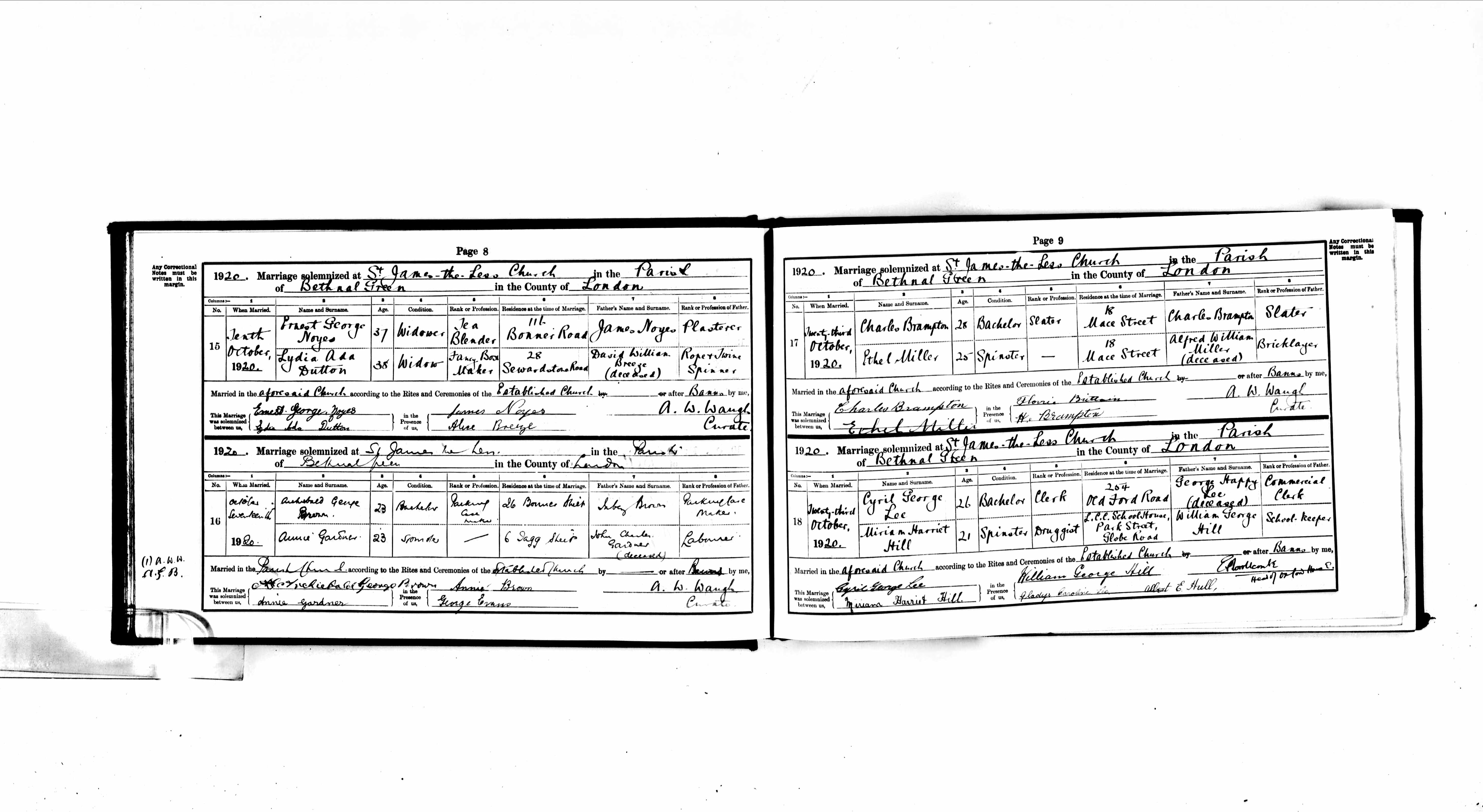 1920 marriage of Lydia Ada Dutton to Ernest George Noyes