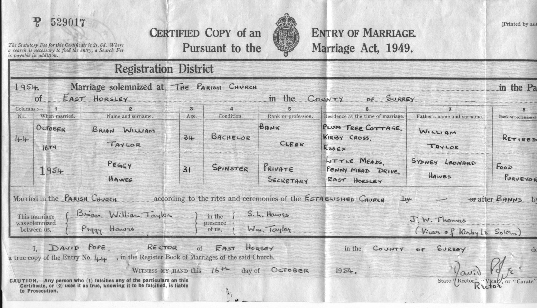 1954 marriage of Peggy Hawes to Brian William Taylor