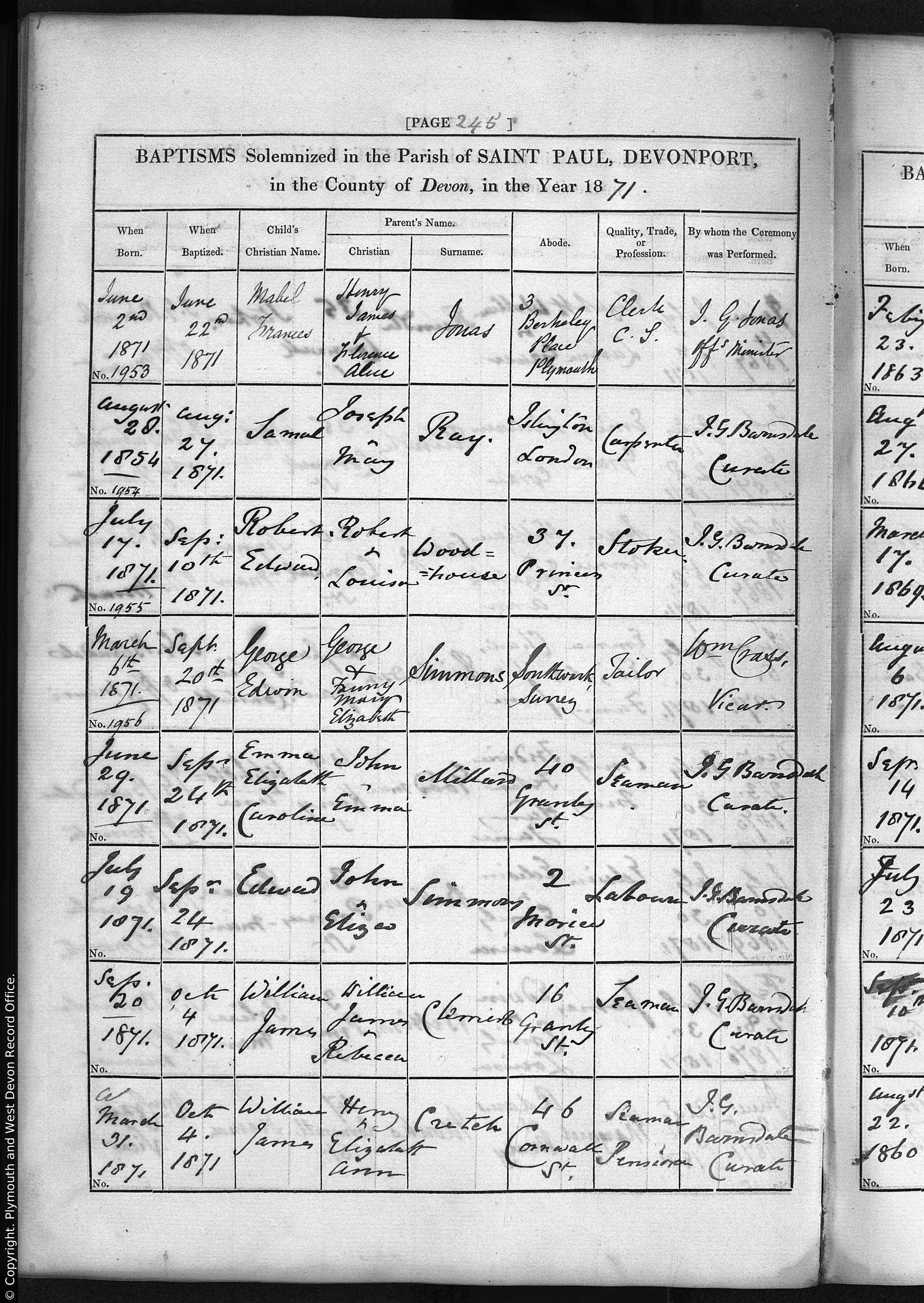 1871 baptism, Mabel Frances Jonas