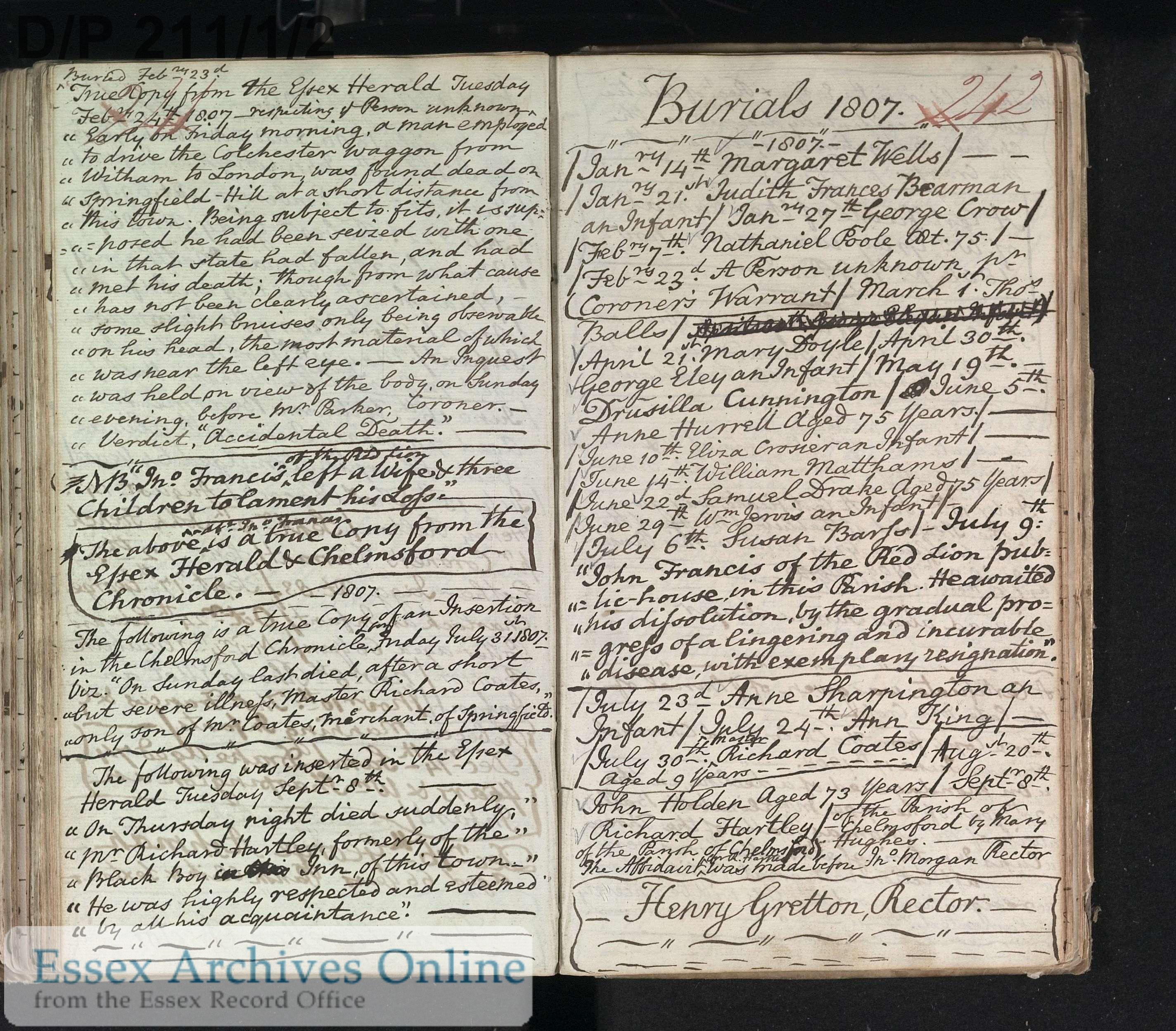 January 21st 1807 burial, Judith Frances Bearman, infant