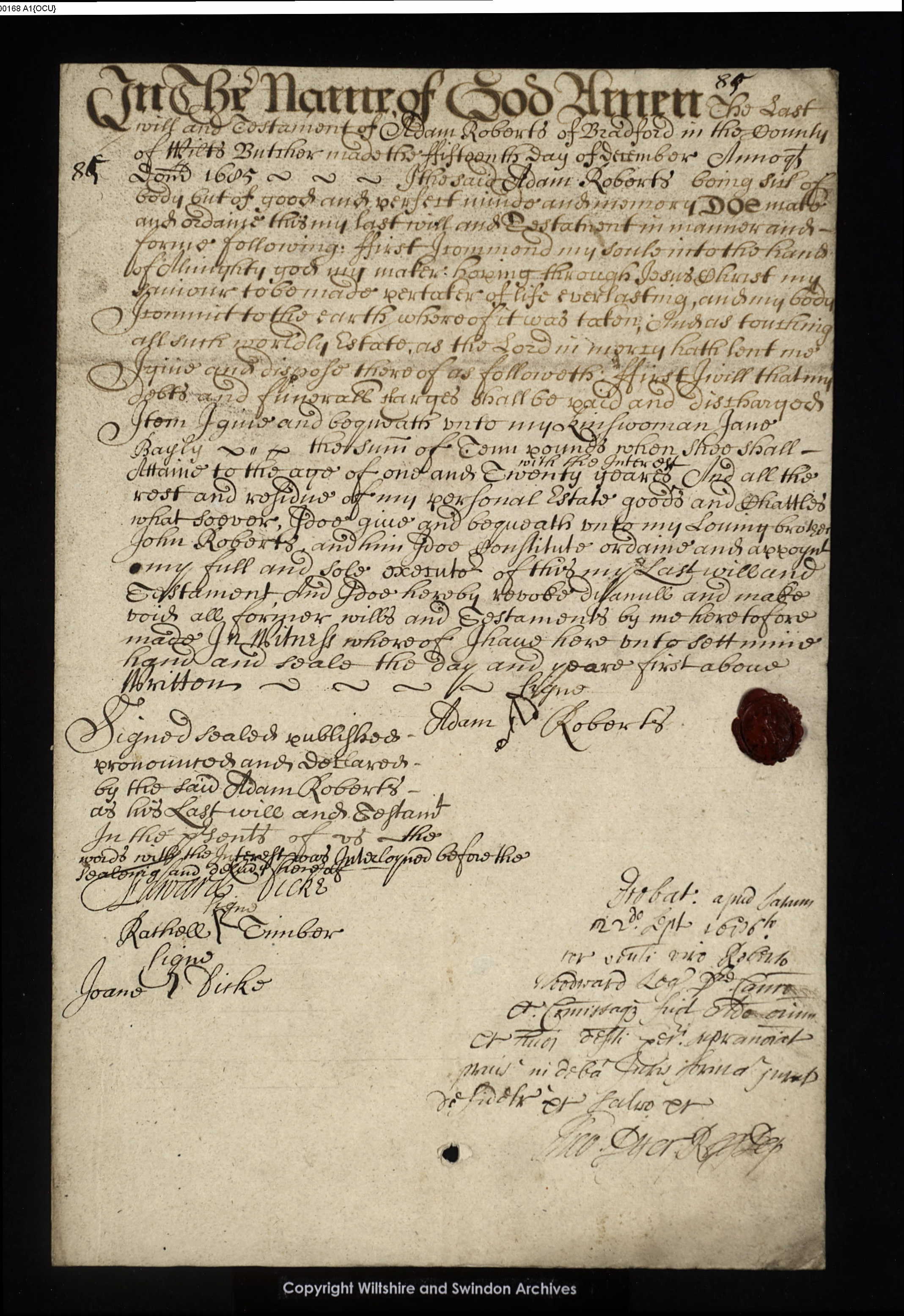 Will of Adam Roberts, Butcher of Bradford, Wilts dated 1686