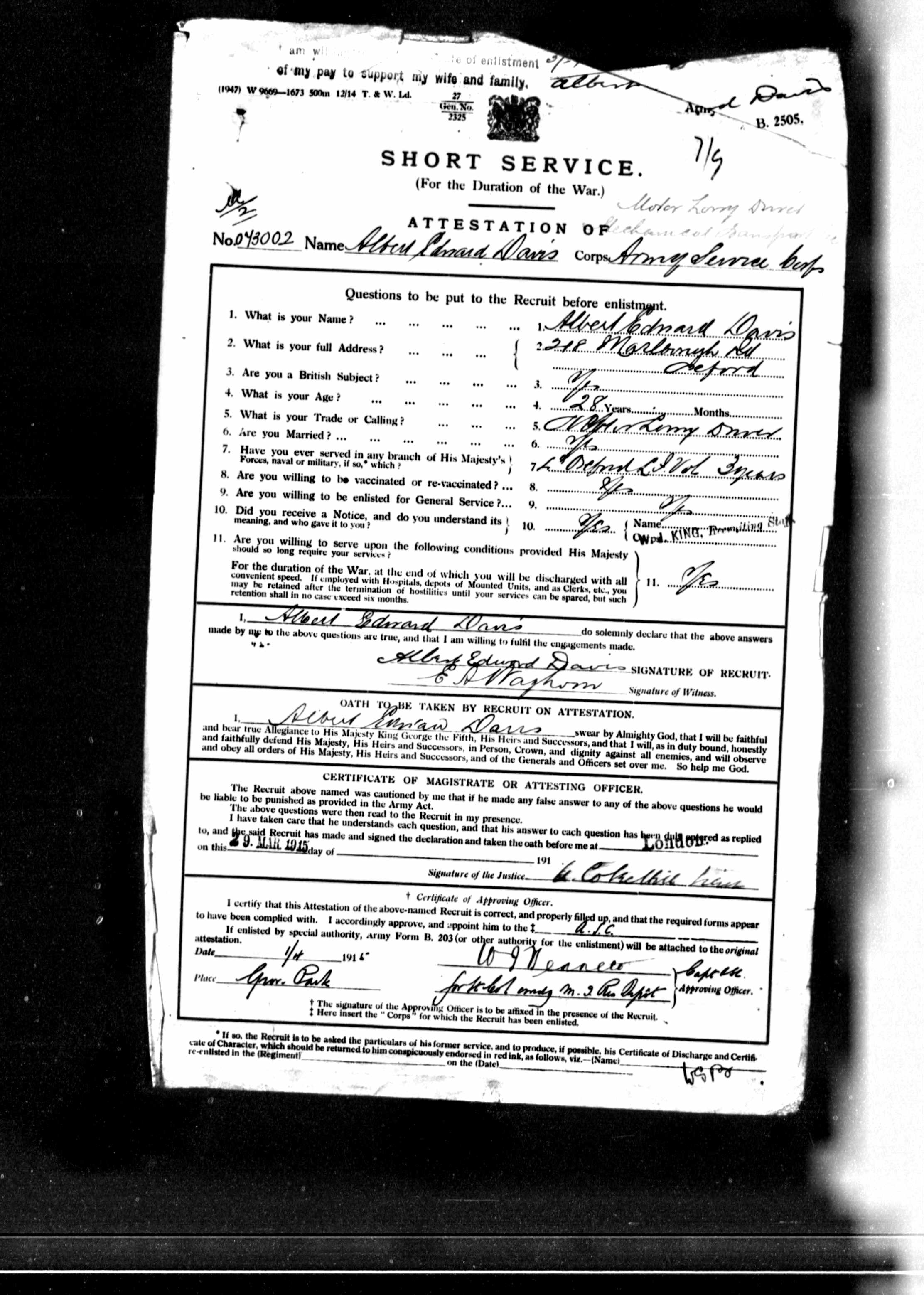 Albert Edward Davis service record 1915