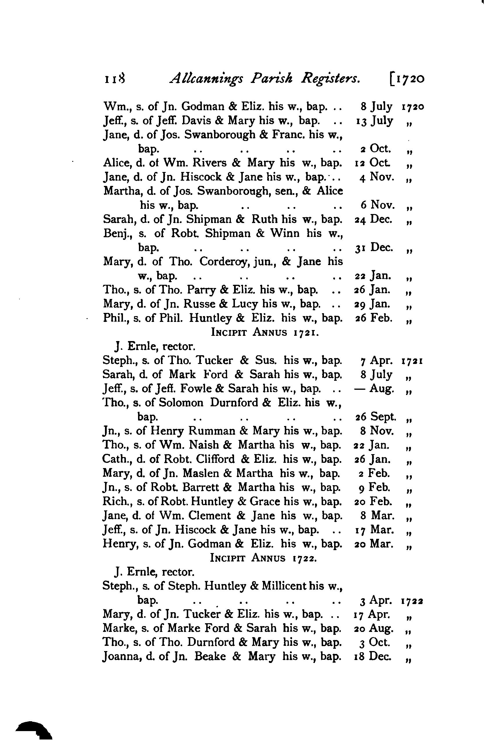 1905 Transcript showing baptism of Martha Swanborough in 1720