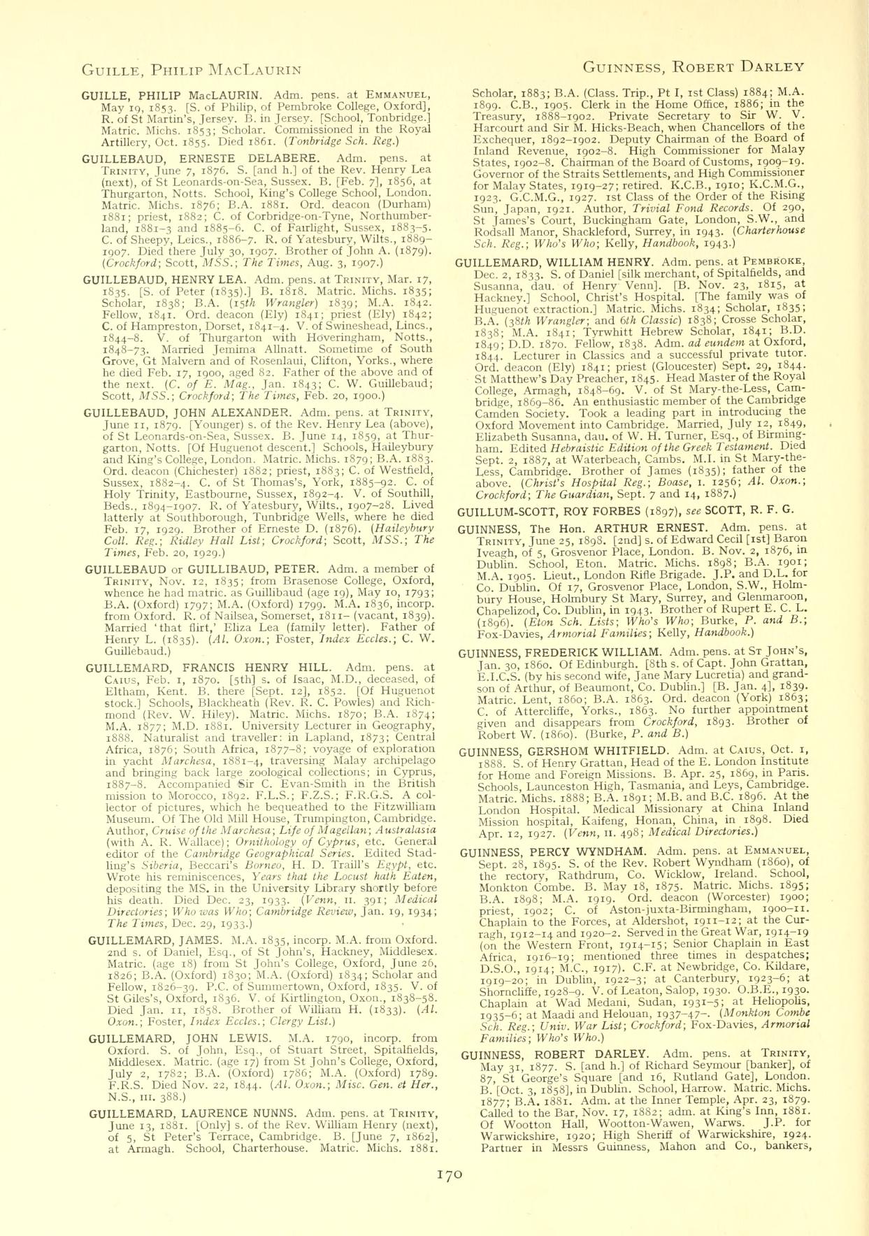 Alumni Cantabrigienses - entry for the Guillebauds - Peter, his son Henry Lea and his sons John Alexander and Ernest Delemere